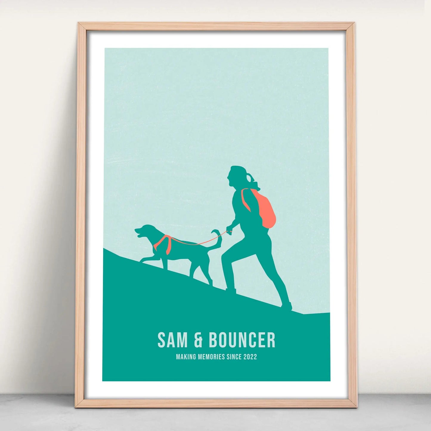 Personalised one woman and her dog hiking art print in green and pink from Purest Green Prints.