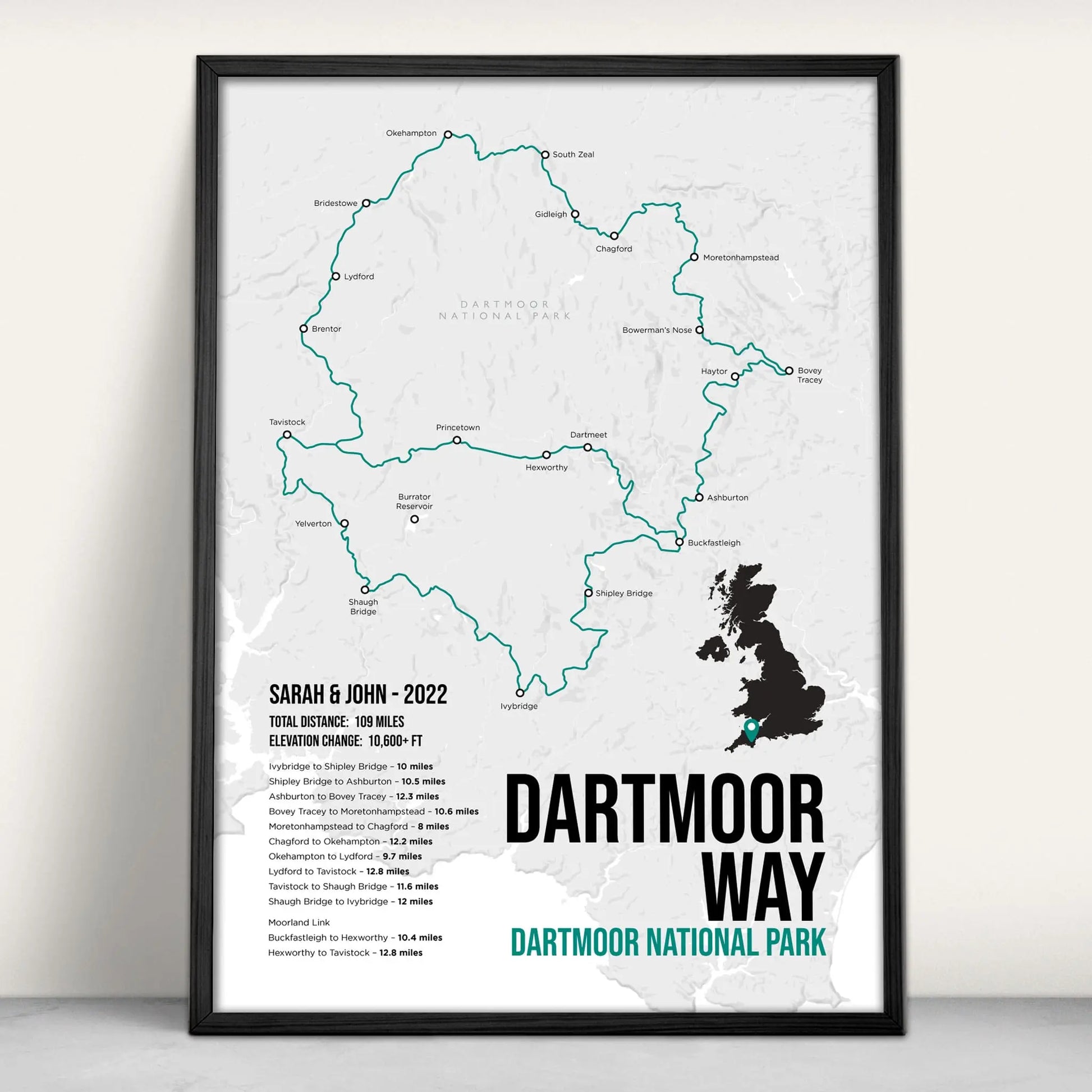 Personalised Dartmoor Way Trail Map Art Print in teal from Purest Green Prints