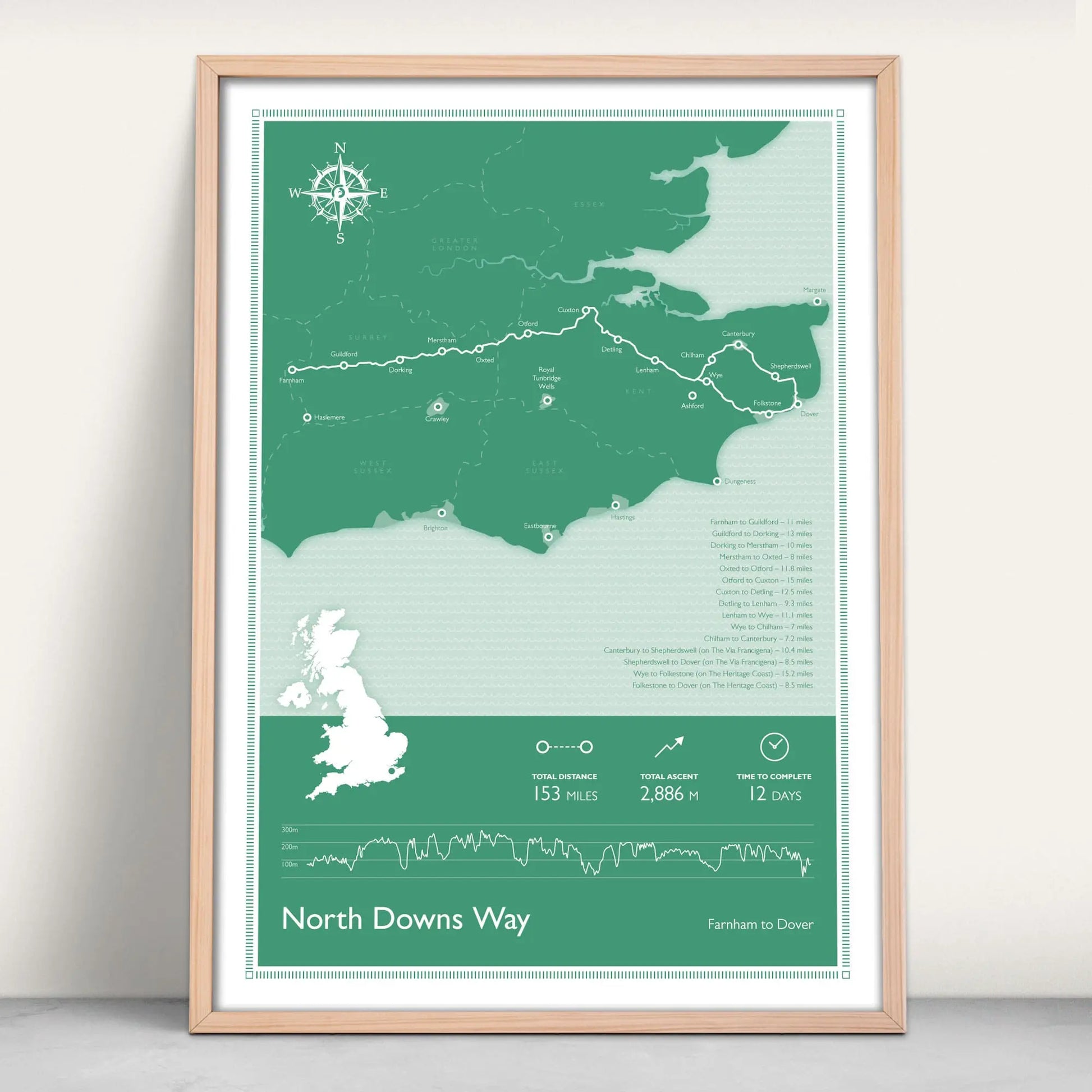 North Downs Way National Trail Personalised Map Art Print in green from Purest Green Prints