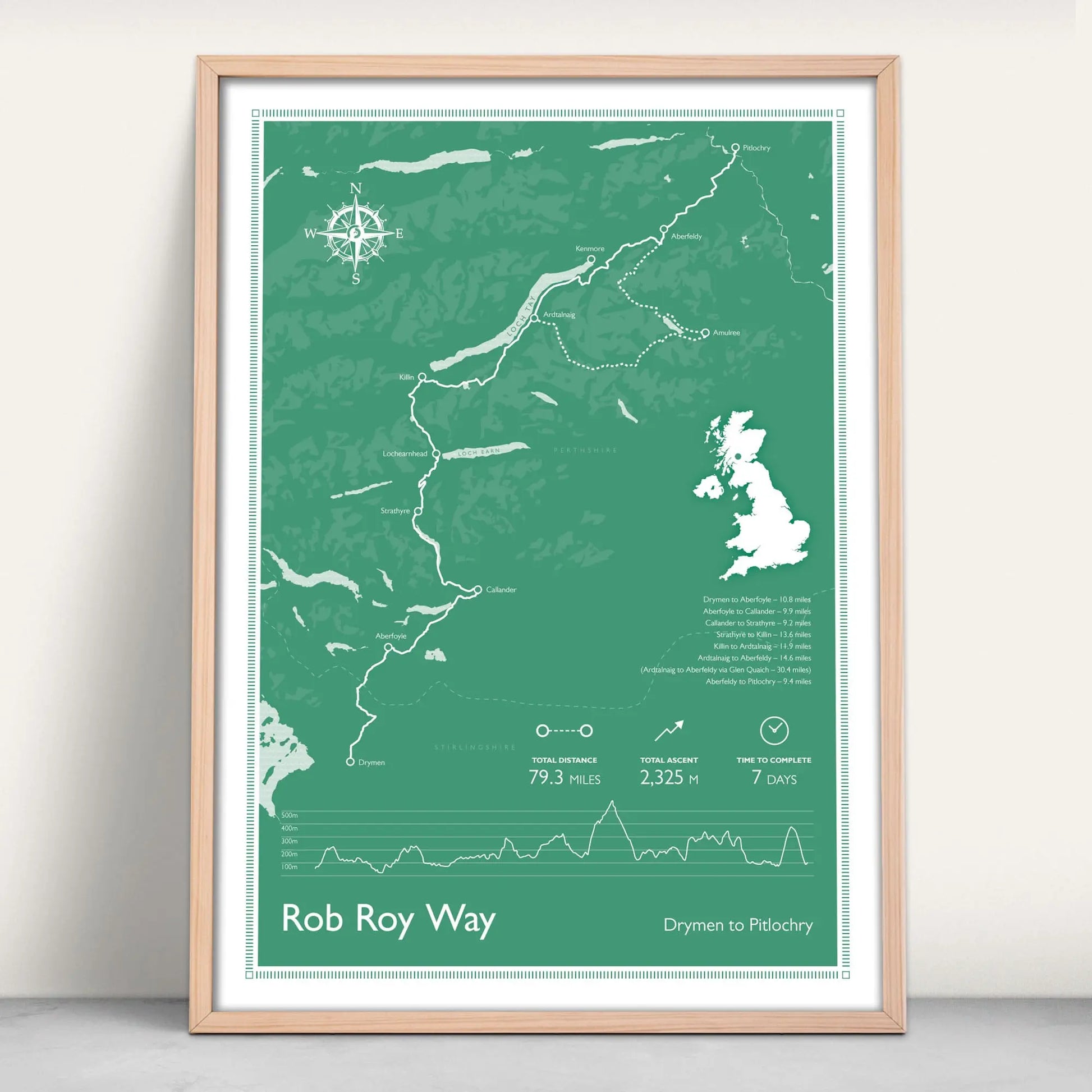 Rob Roy Way Scottish Great Trail personalised art print in green from Purest Green Prints