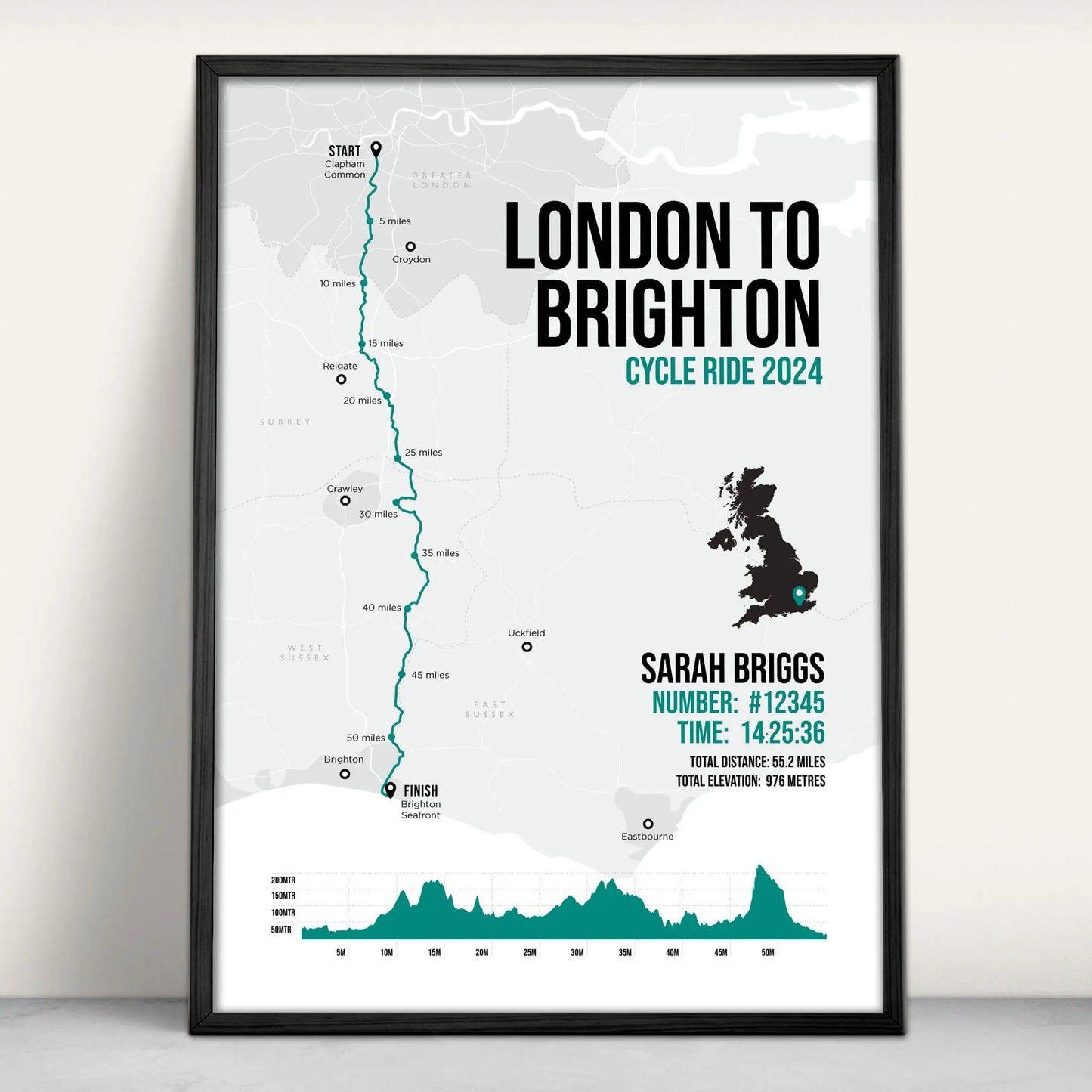 Personalised London to Brighton Cycle Art Print in green from Purest Green Prints