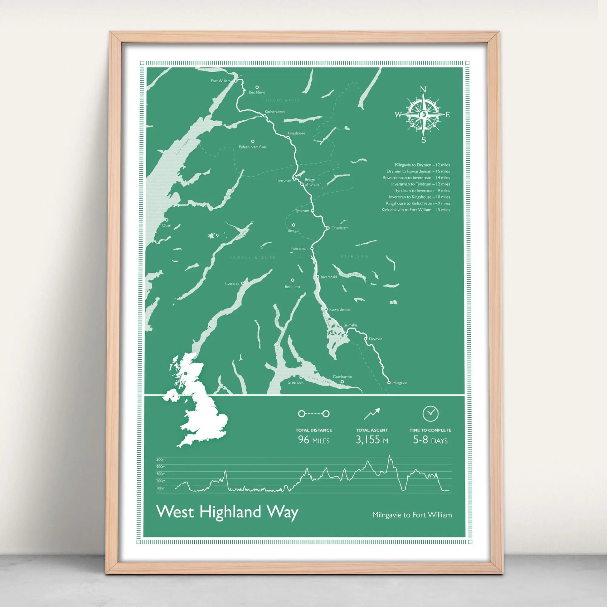 West Highland Way Scotlands Great Trail Personalised Map Art Print in green from Purest Green Prints