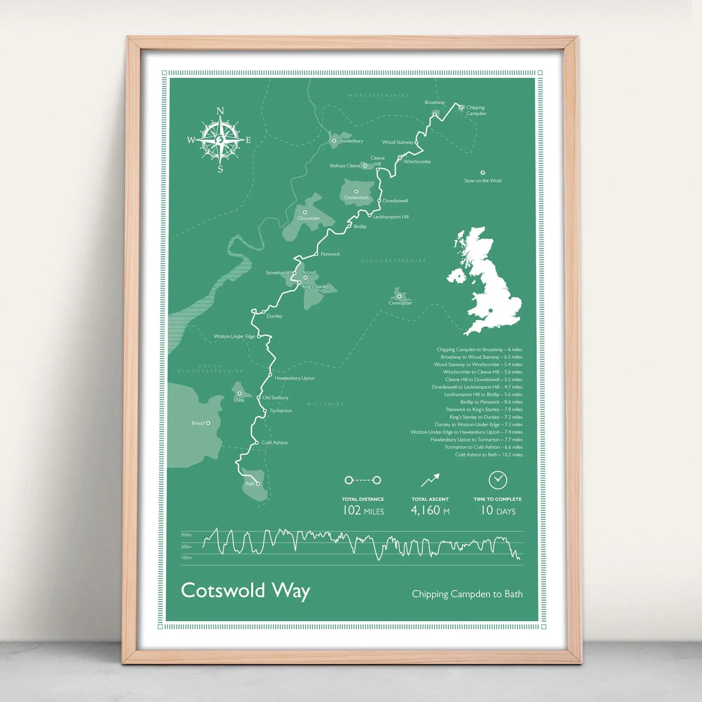 Cotswold Way National Trail Personalised Map Art Print in green from Purest Green Prints