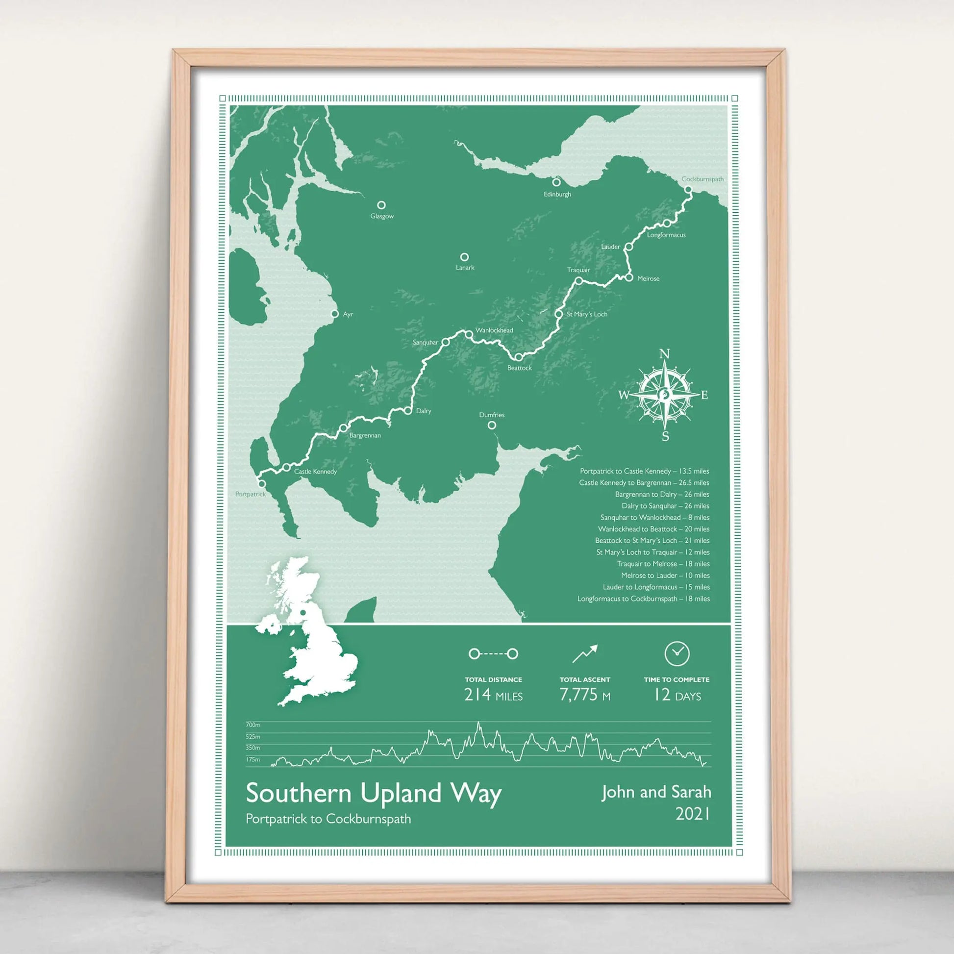 Southern Upland Way Scotlands Great Trail Personalised Map Art Print in green from Purest Green Prints