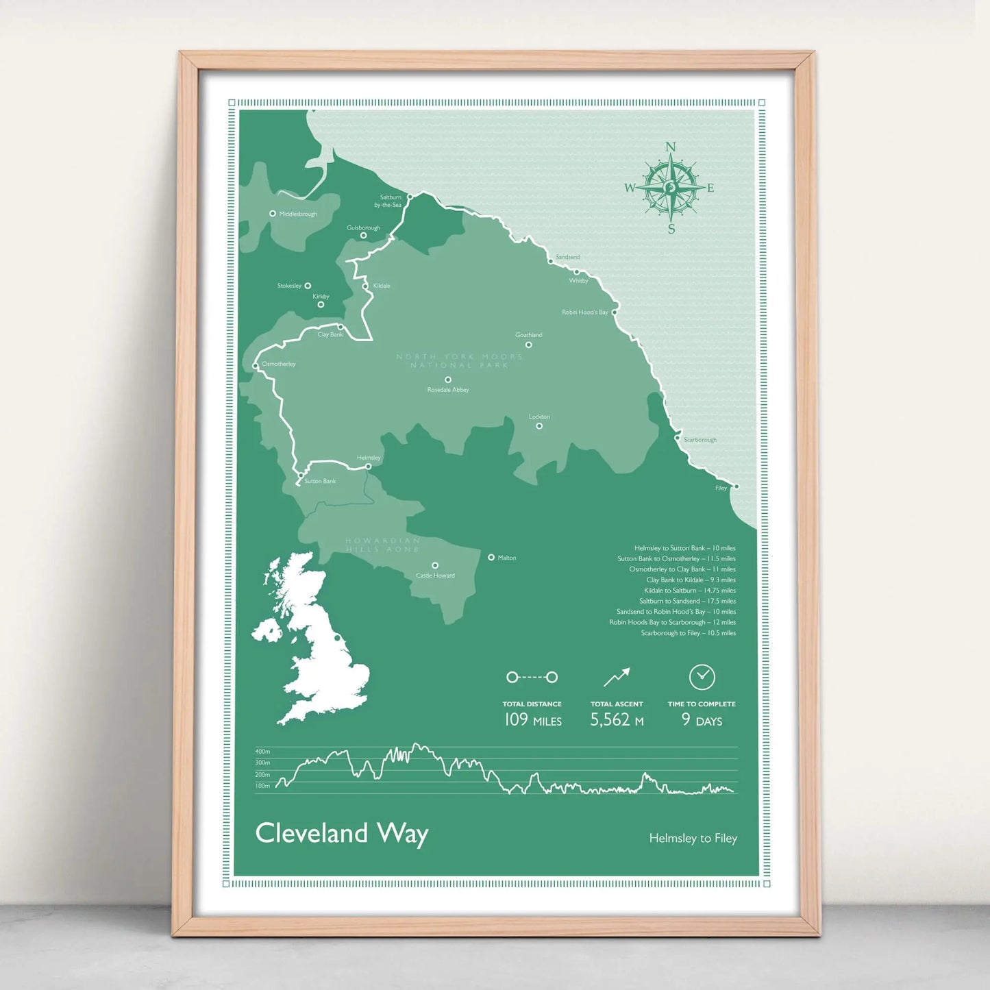 Cleveland Way National Trail Personalised Map Art Print in green from Purest Green Prints