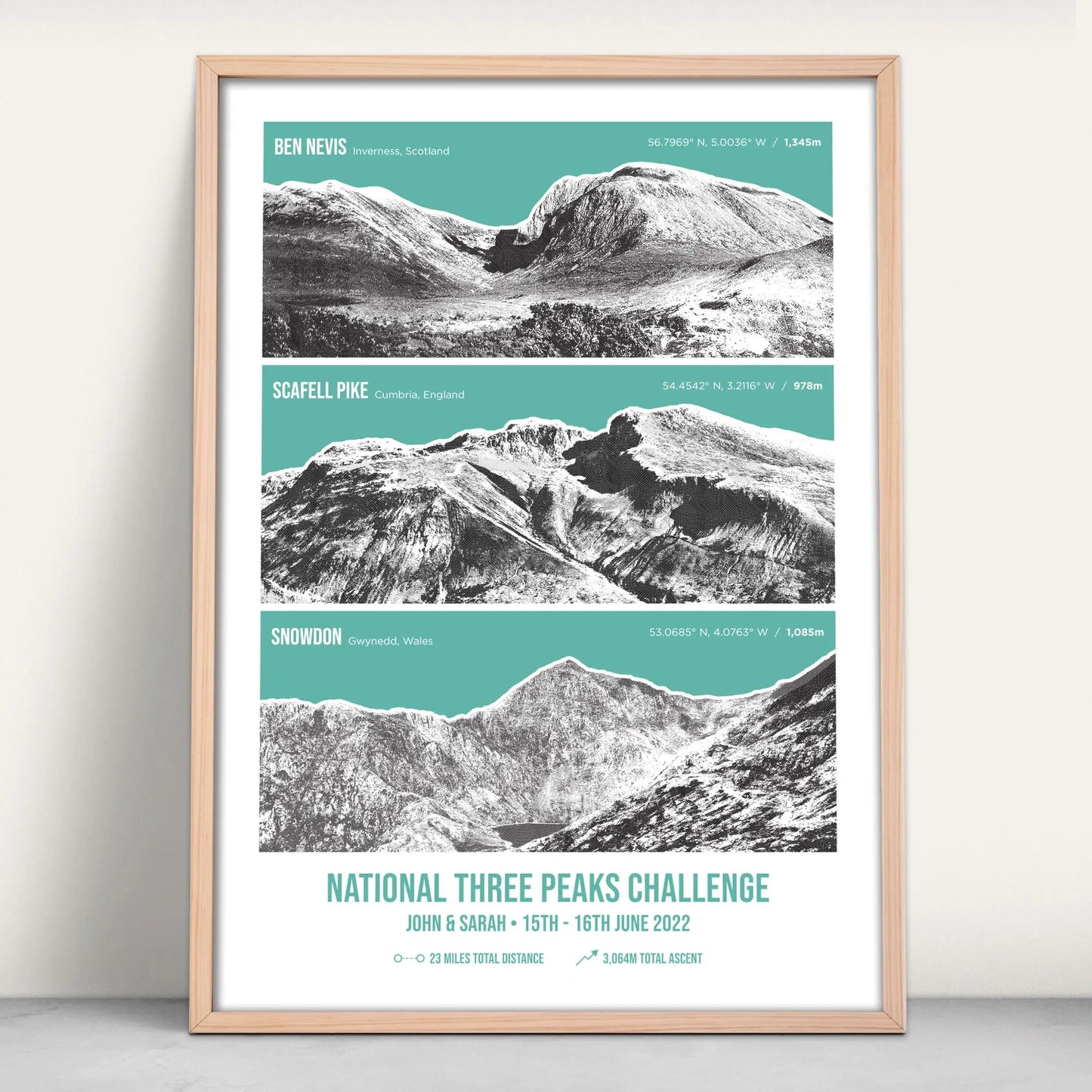 UK Three Peaks Challenge Personalised Art Print in green from Purest Green Prints