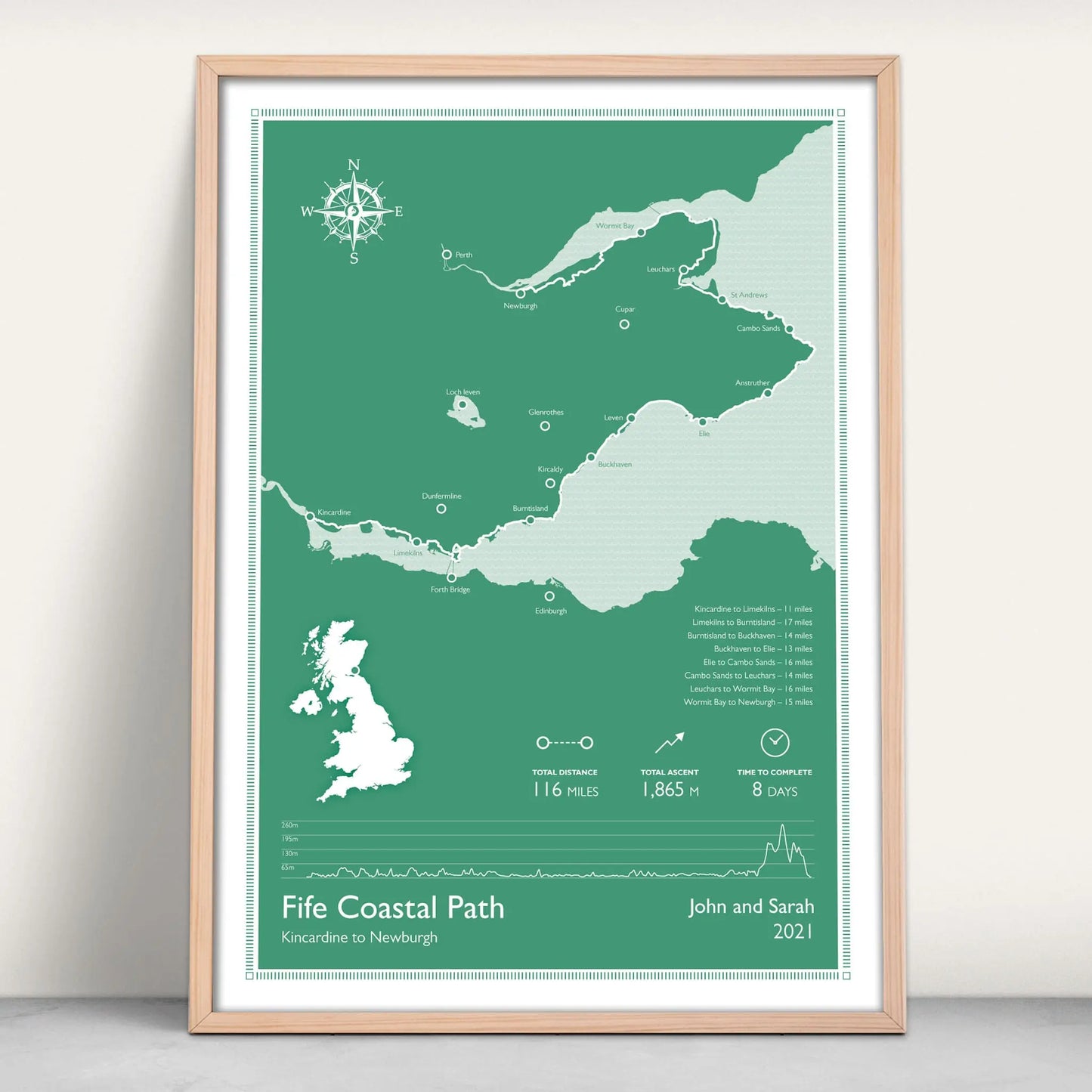 Fife Coastal Path Scotlands Great Trail Personalised Map Art Print in green from Purest Green Prints