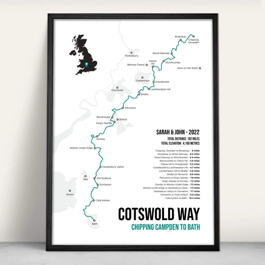 Cotswold Way National Trail Map Art Print in teal from Purest Green Prints