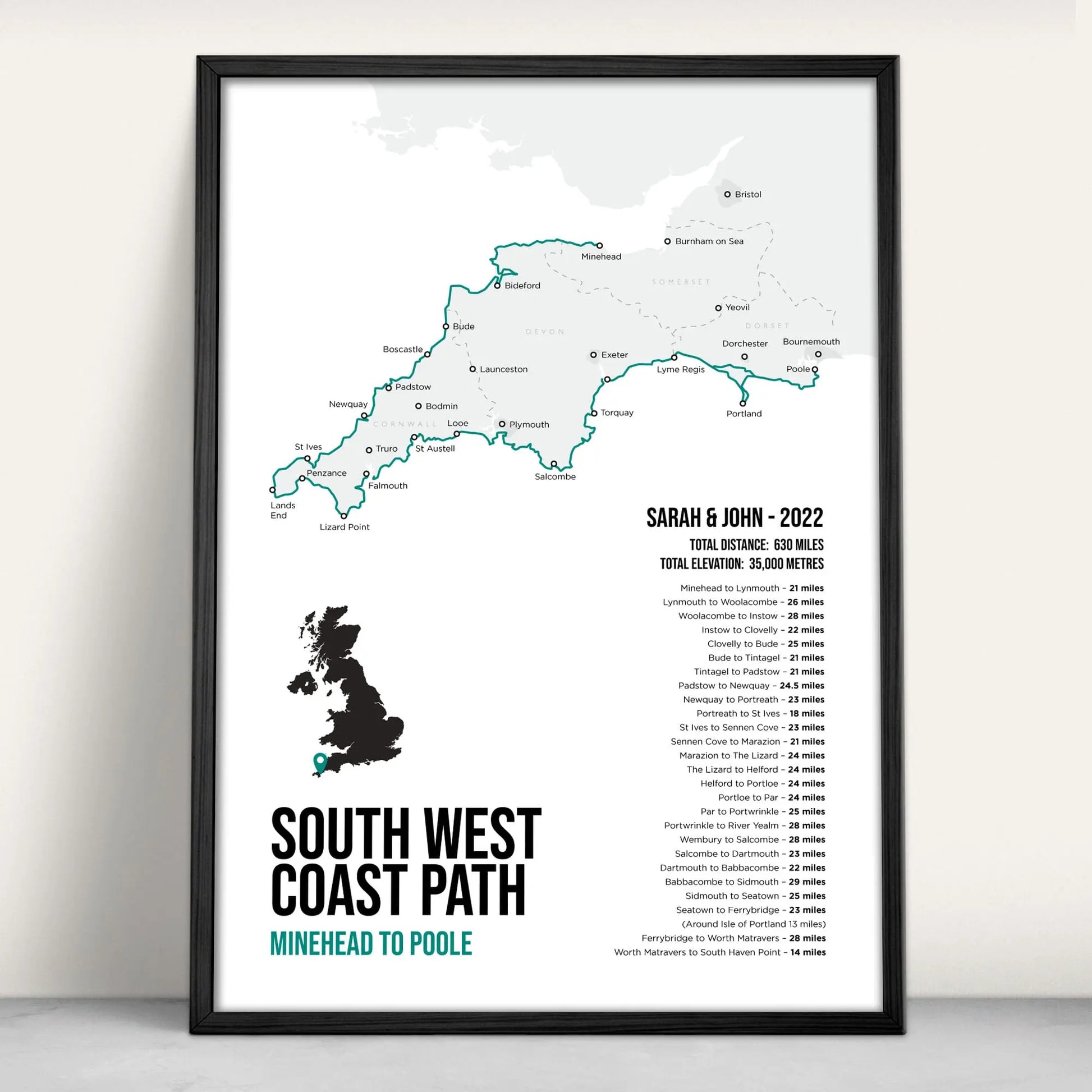 South West Coast Path National Trail Map Art Print in teal from Purest Green Prints