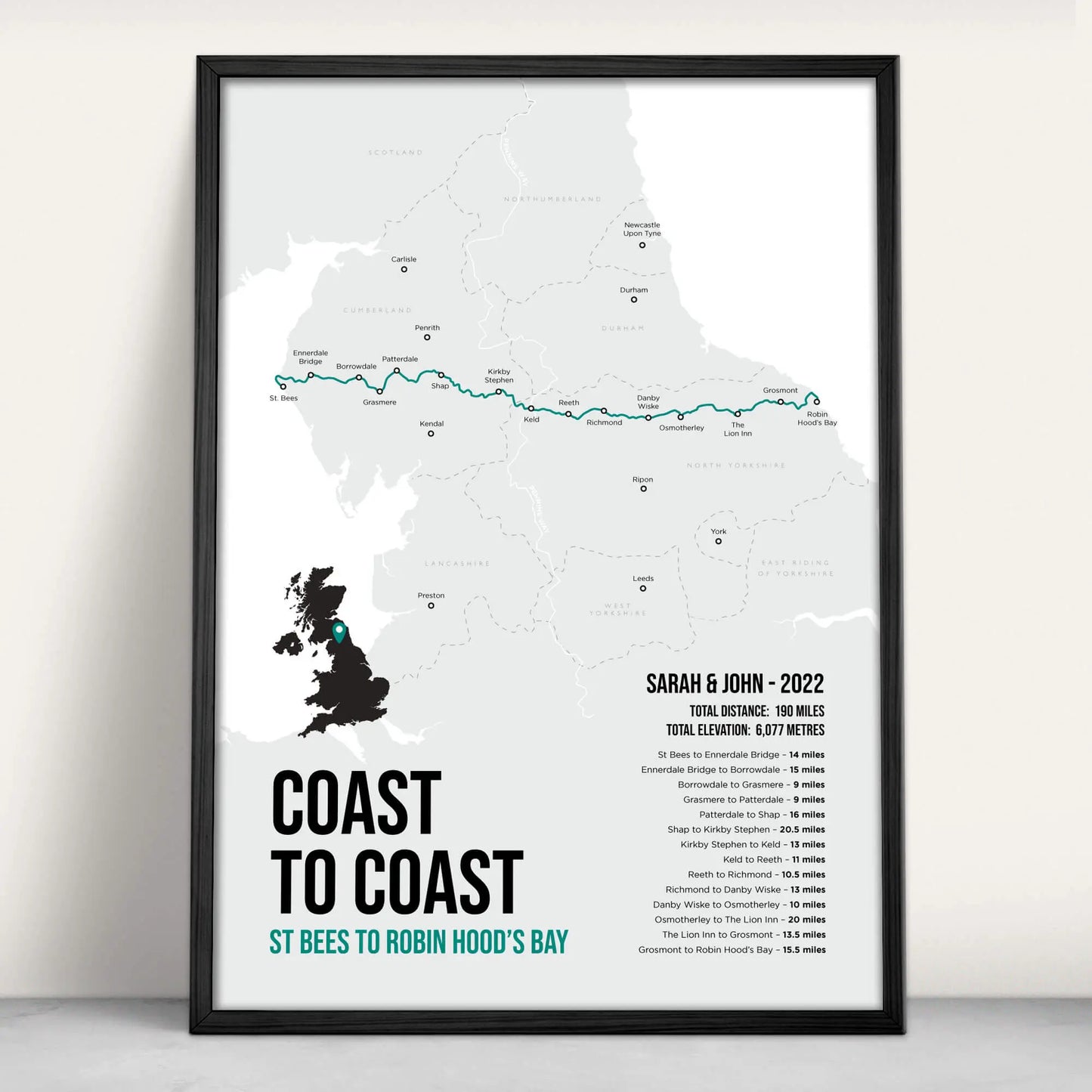 Coast to Coast National Trail Path Map Art Print in teal from Purest Green Prints