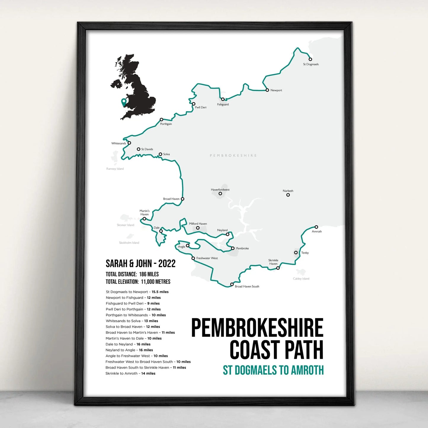 Pembrokeshire Coast Path National Trail Map Art Print in teal from Purest Green Prints