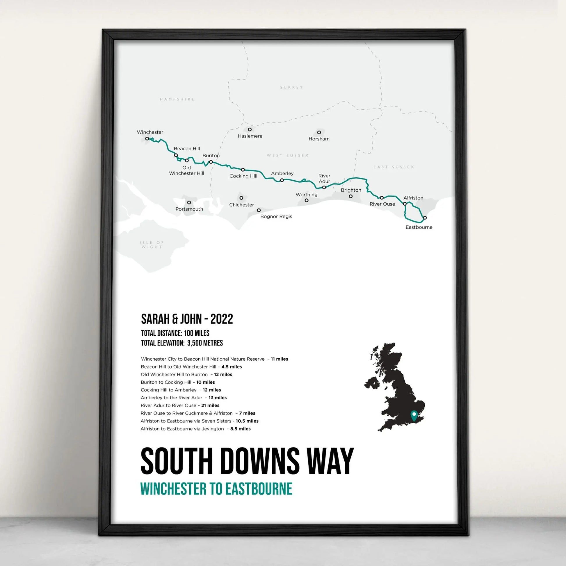 South Downs Way National Trail Map Art Print in teal from Purest Green Prints