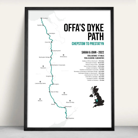 Offa's Dyke Path National Trail Map Art Print in teal from Purest Green Prints