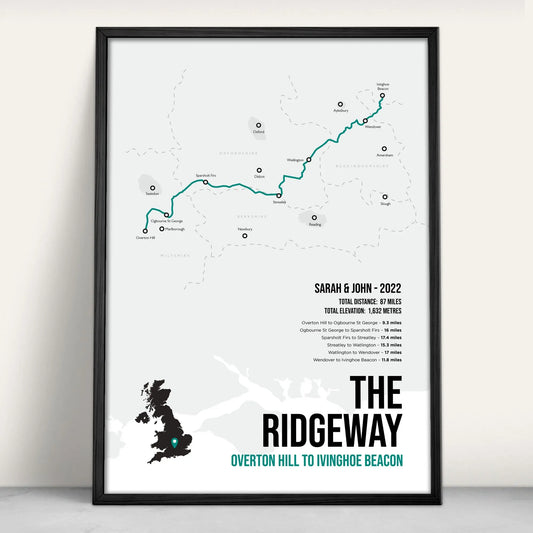 Ridgeway National Trail Path Map Art Print in teal from Purest Green Prints