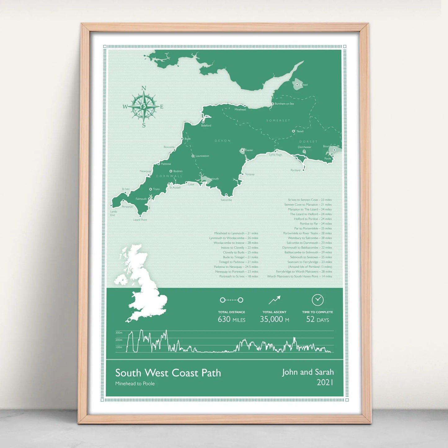 South West Coast Path National Trail Personalised Map Art Print in green from Purest Green Prints