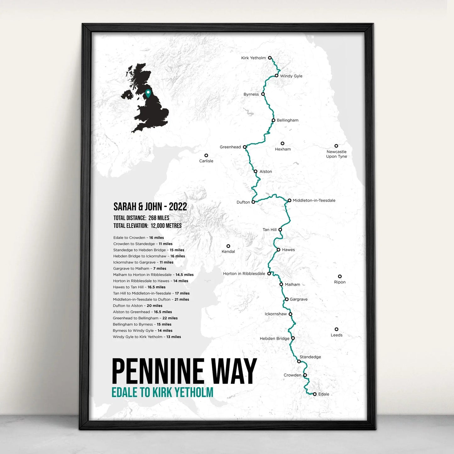 Pennine Way National Trail Map Art Print in teal from Purest Green Prints