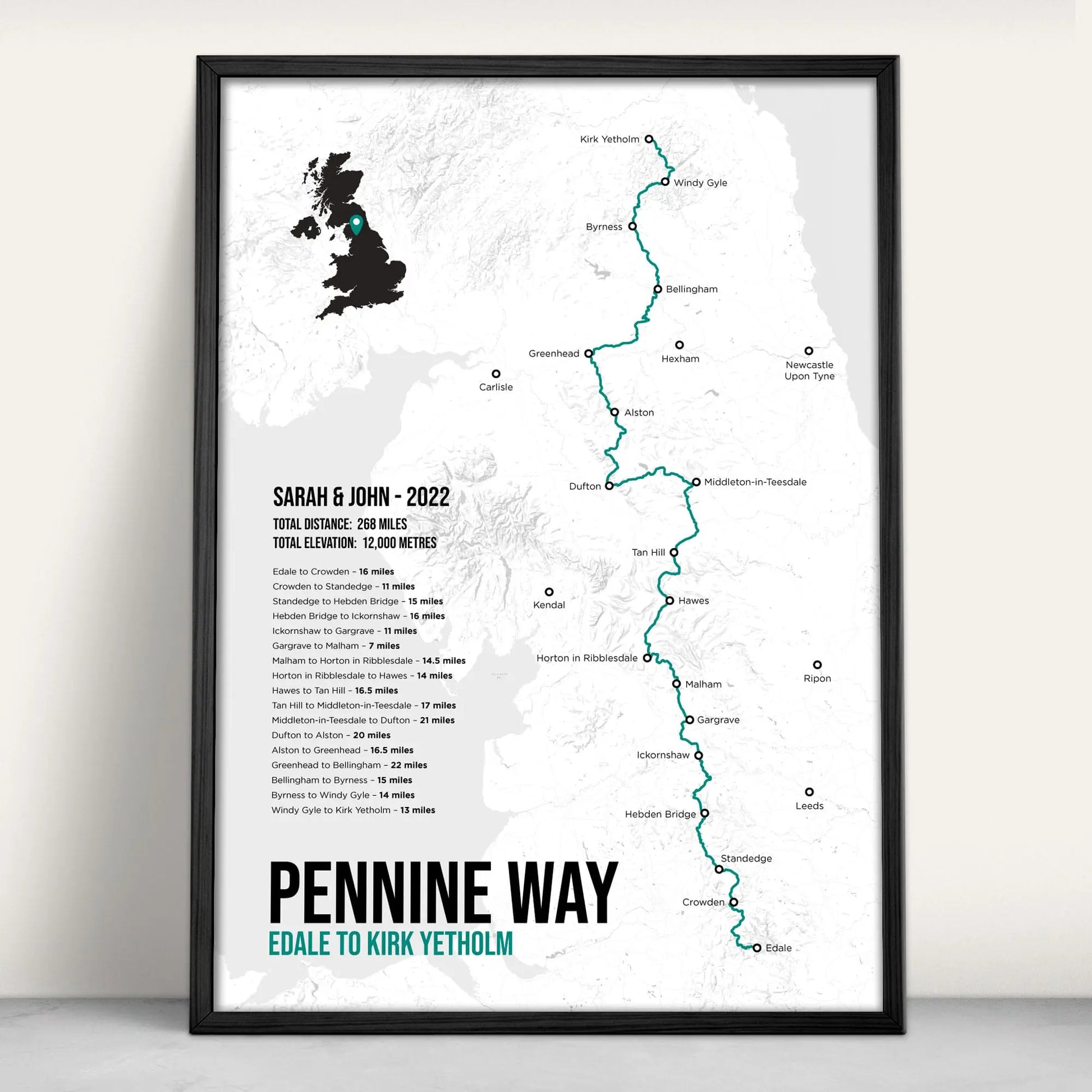 Pennine Way National Trail Map Art Print in teal from Purest Green Prints