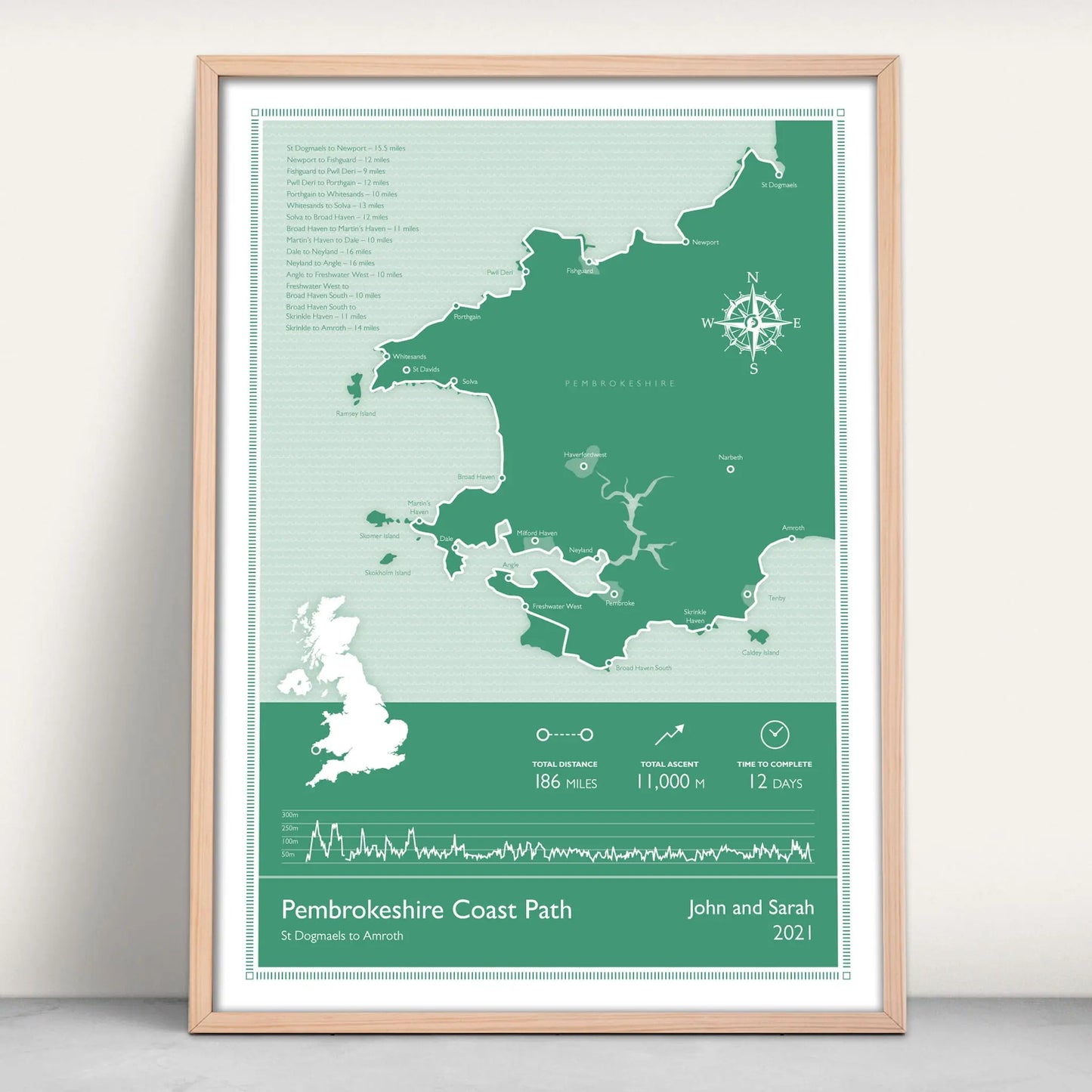 Pembrokeshire Coast Path National Trail Personalised Map Art Print in green from Purest Green Prints