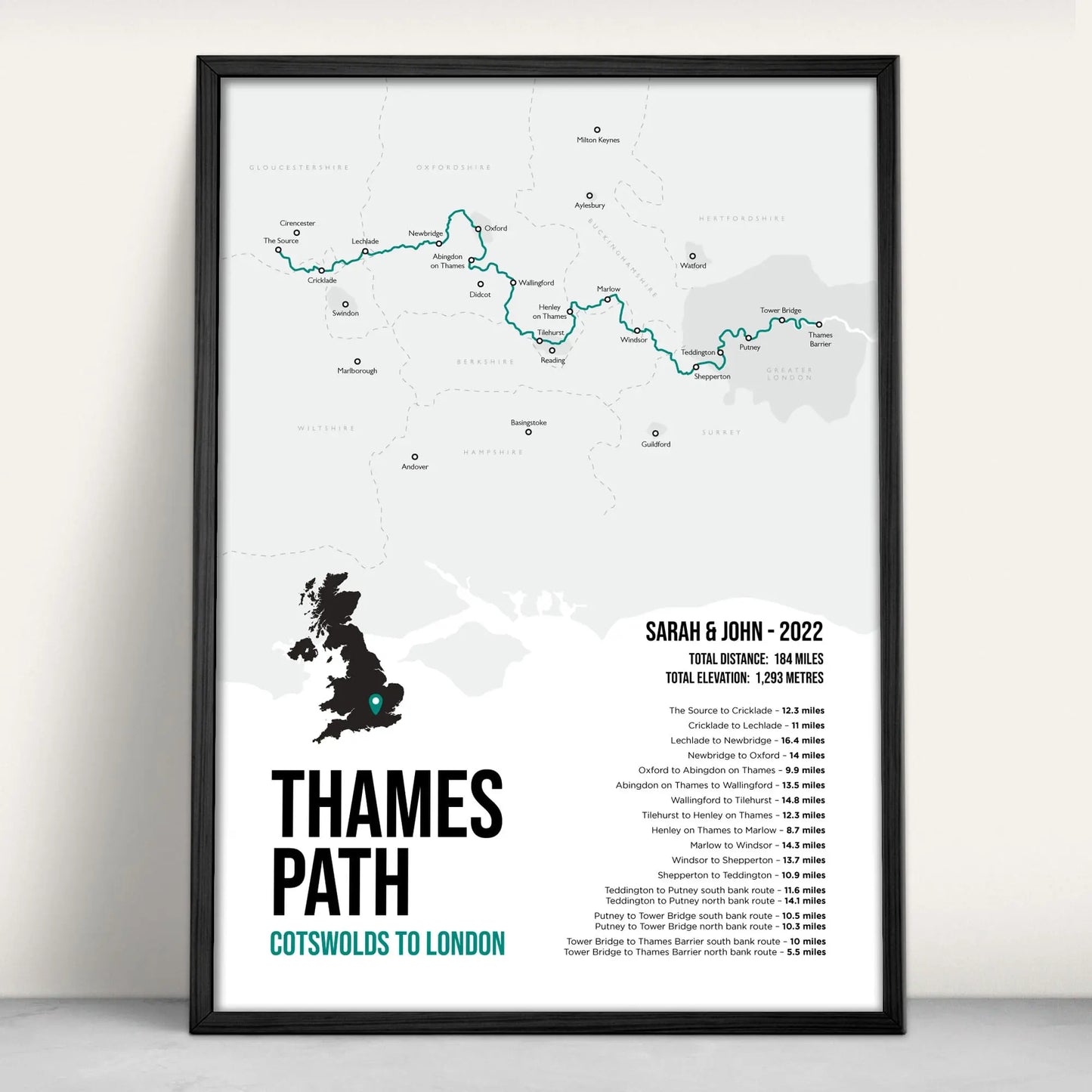 Personalised Thames Path National Trail Map Art Print in teal from Purest Green Prints