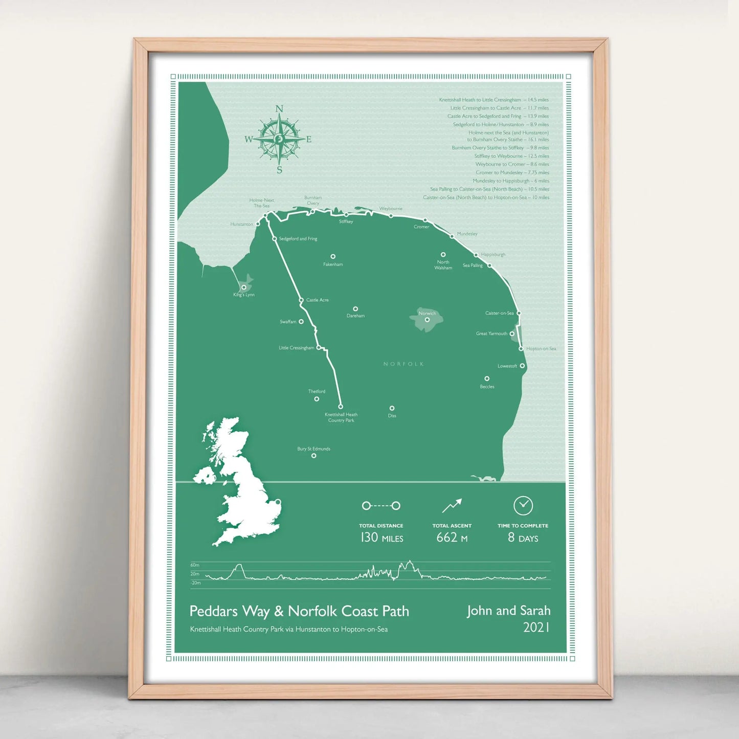 Peddars Way and Norfolk Coast Path National Trail Personalised Map Art Print in green from Purest Green Prints