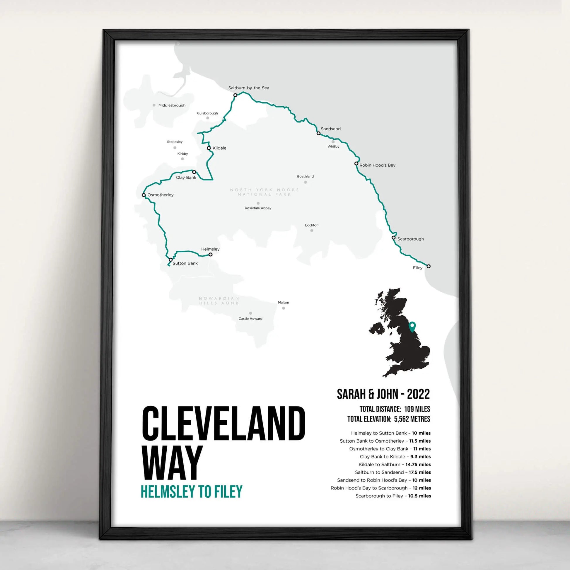 Cleveland Way National Trail Path Map Art Print in teal from Purest Green Prints