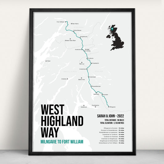 West Highland Way Scottish Trail Map Art Print in teal from Purest Green Prints.