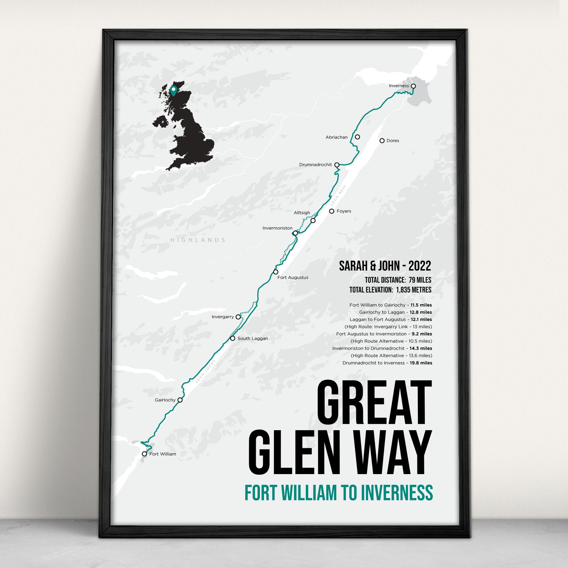 Great Glen Way Scottish Trail Map Art Print in teal from Purest Green Prints.