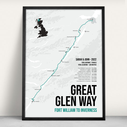 Great Glen Way Scottish Trail Map Art Print in teal from Purest Green Prints.