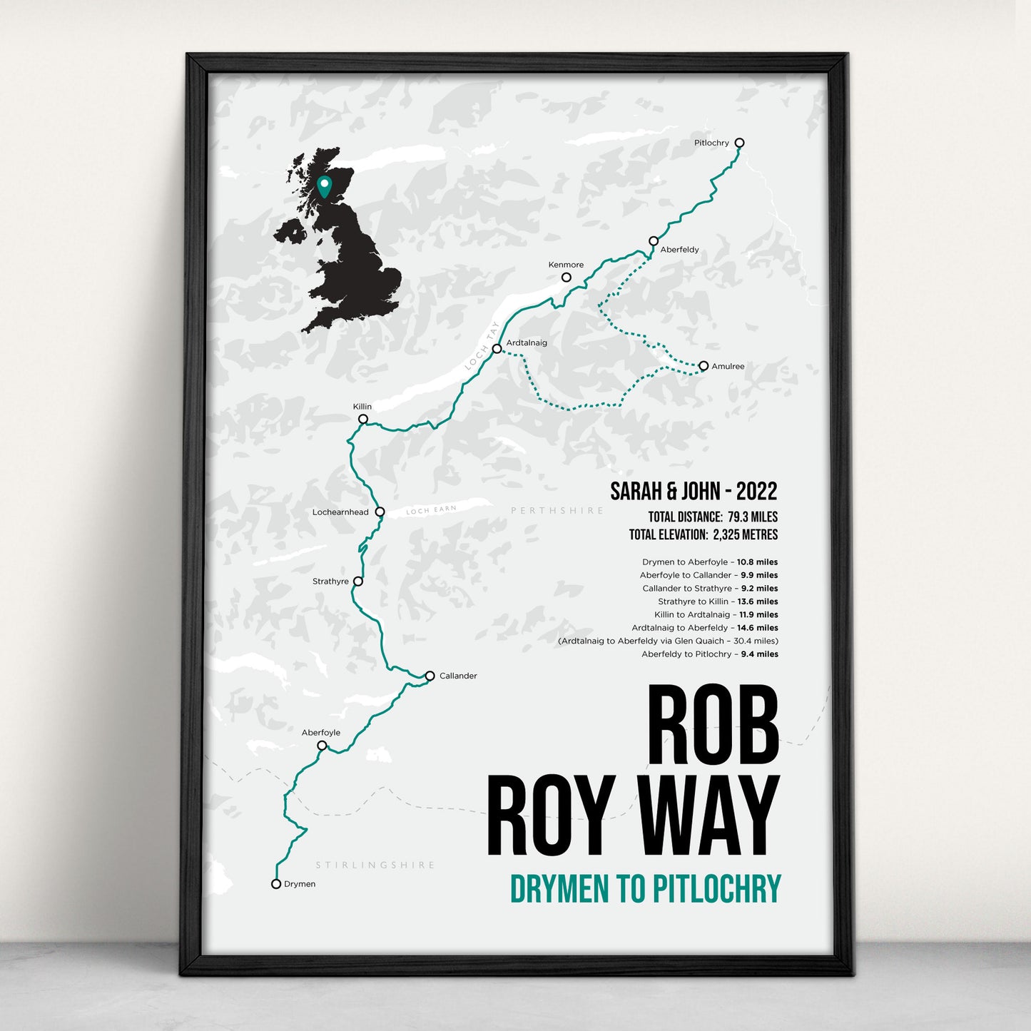 Rob Roy Way Scottish Trail Map Art Print in teal from Purest Green Prints.