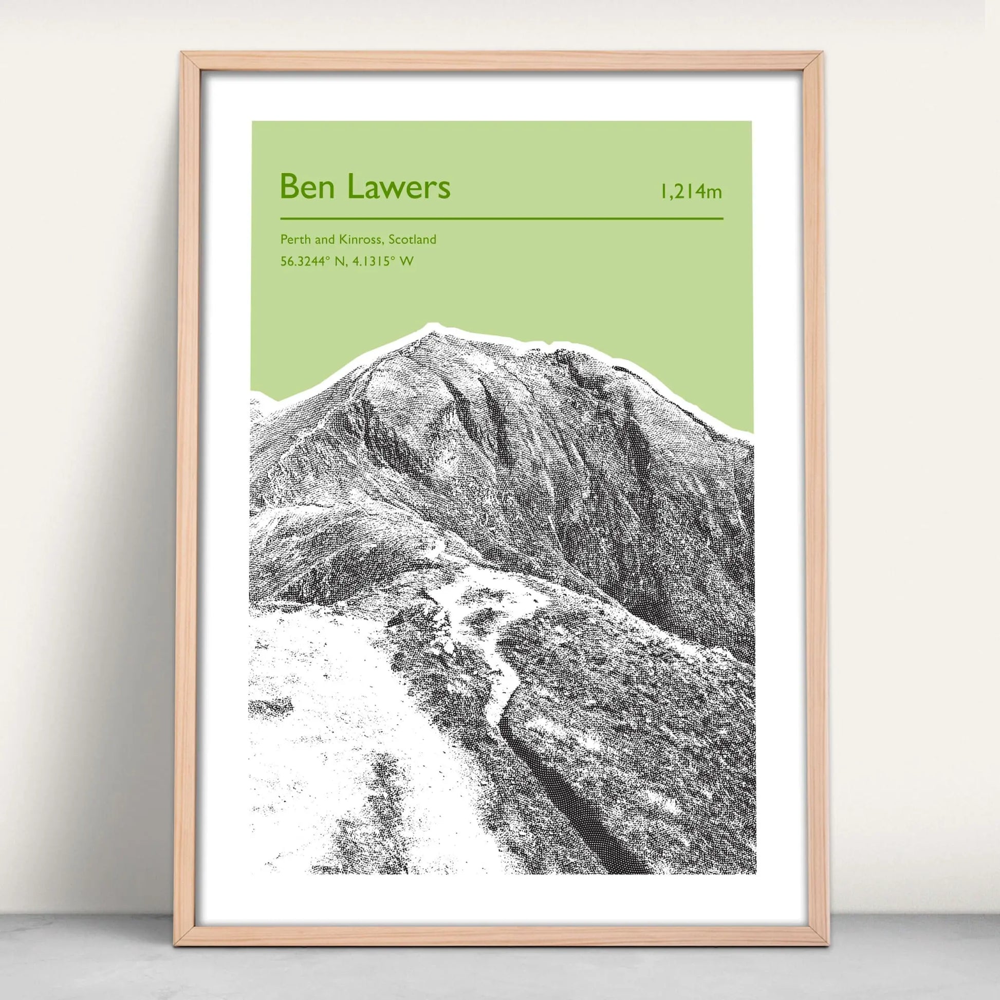 Ben Lawers, Scotland Personalised Mountain Art Print in light green from Purest Green Prints