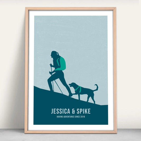 Personalised One woman (with poles) and her dog art print in navy and green from Purest Green Prints