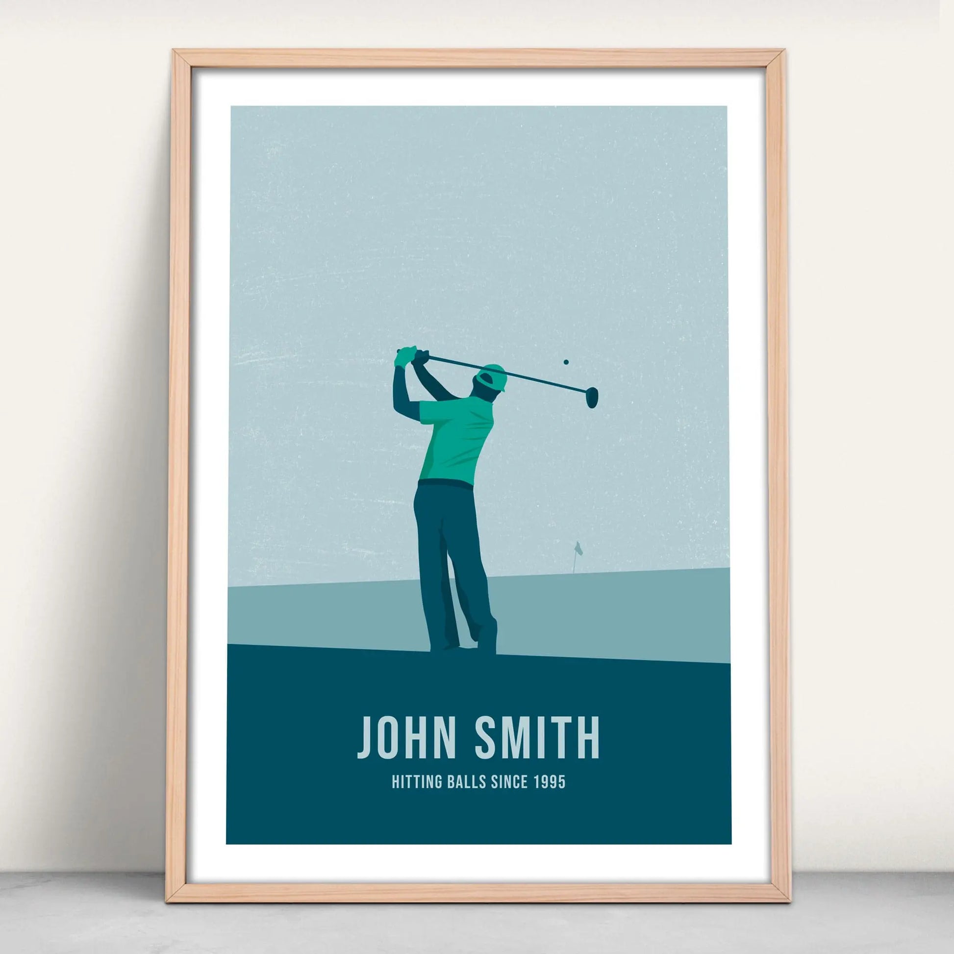 Personalised golfer art print in navy and green from Purest Green Prints.