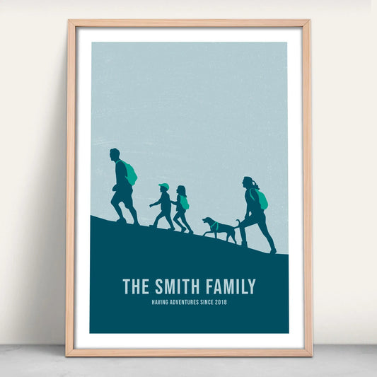 Personalised Family Portrait Hiking art print in navy and green from Purest Green Prints.