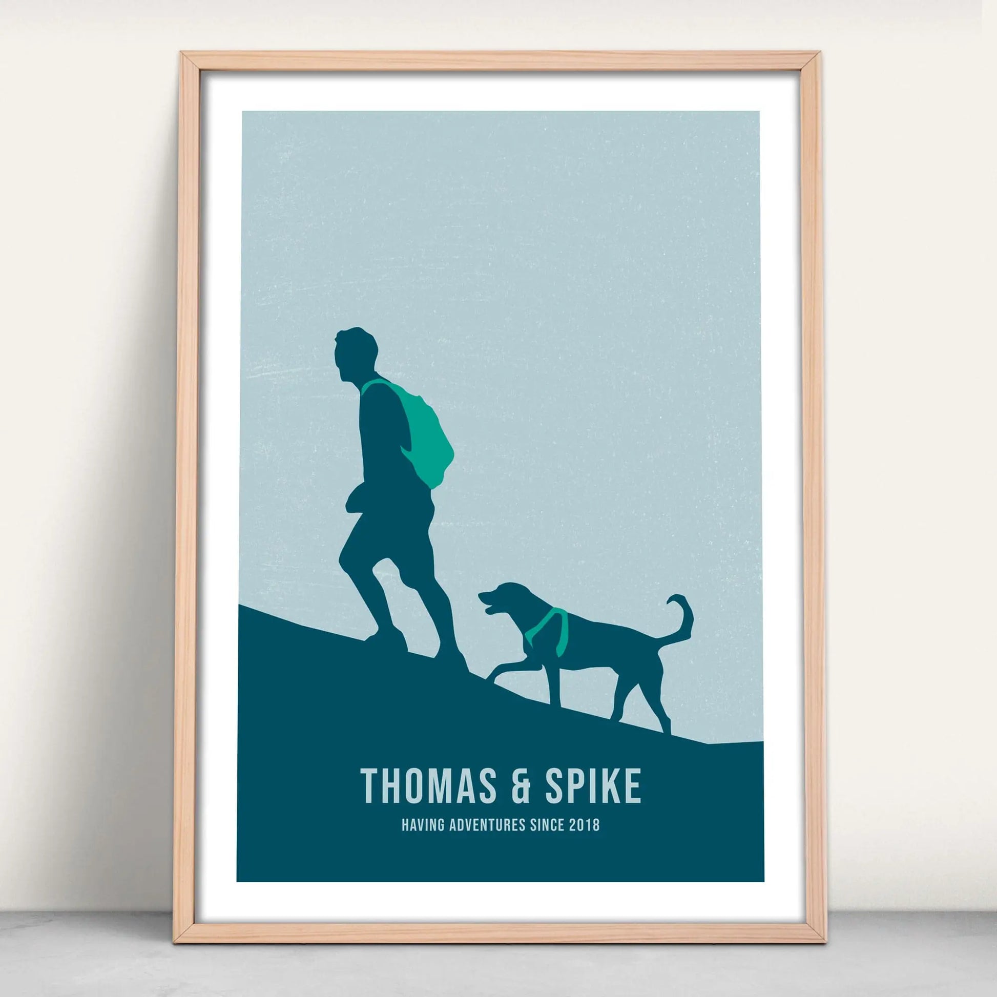 Personalised One Man and his Dog art print in navy and green from Purest Green Prints.