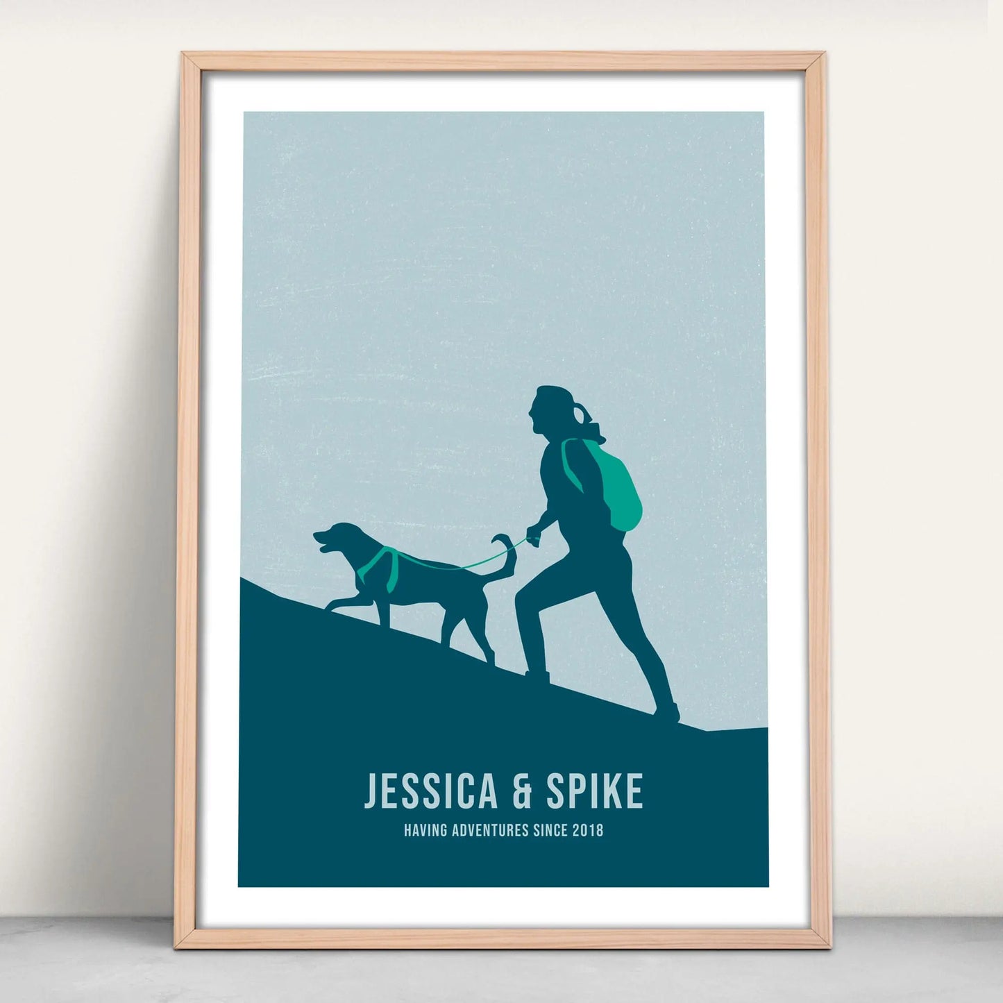 Personalised one woman and her dog hiking art print in navy and green from Purest Green Prints.