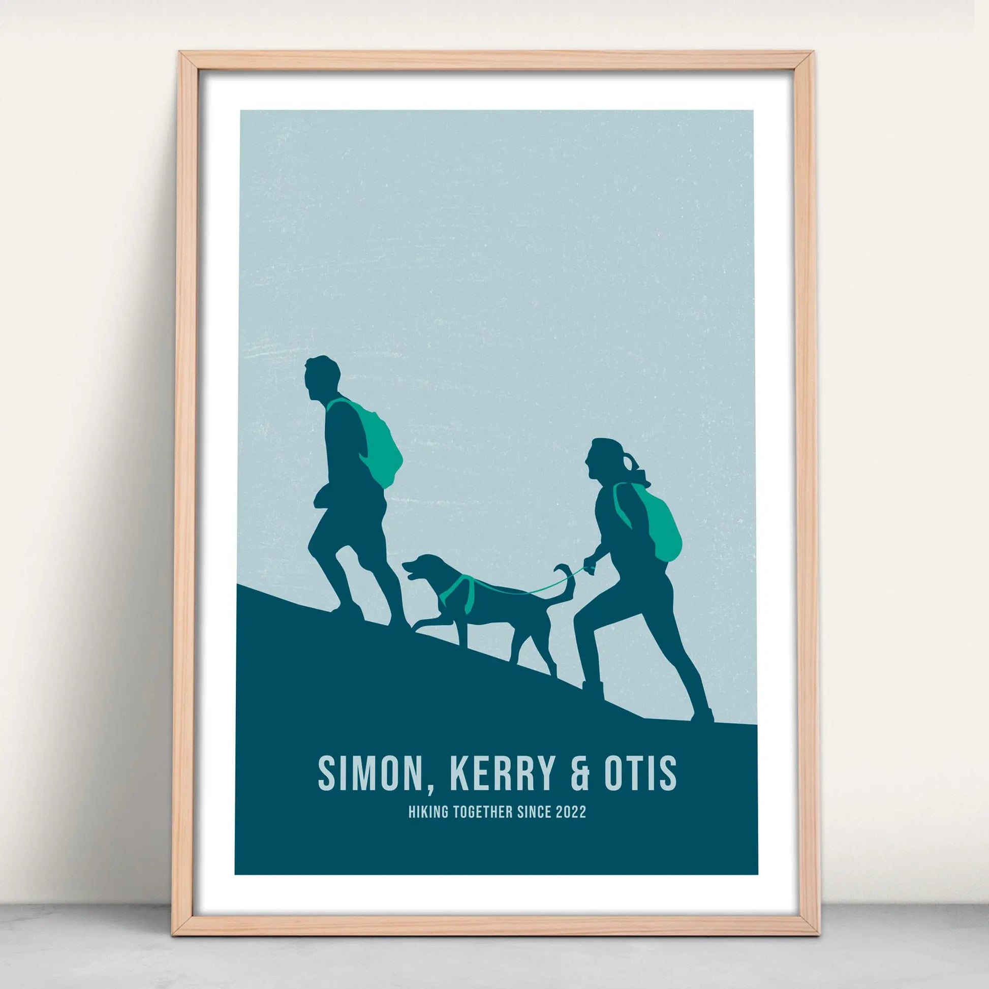 Personalised Couple Hiking Art Print in navy and green from Purest Green Prints.