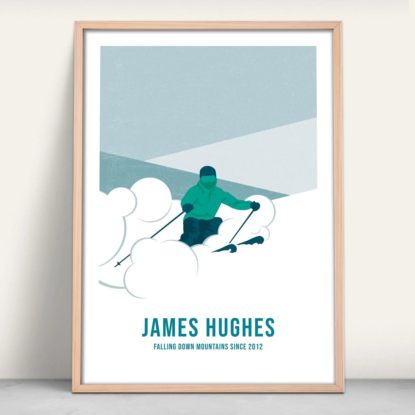 Personalised Skiing Art Print in navy and green from Purest Green Prints.