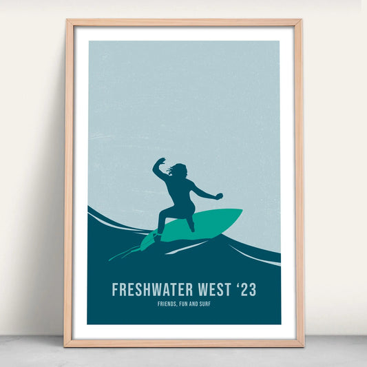 Personalised Surfing Art Print in navy and green from Purest Green Prints.