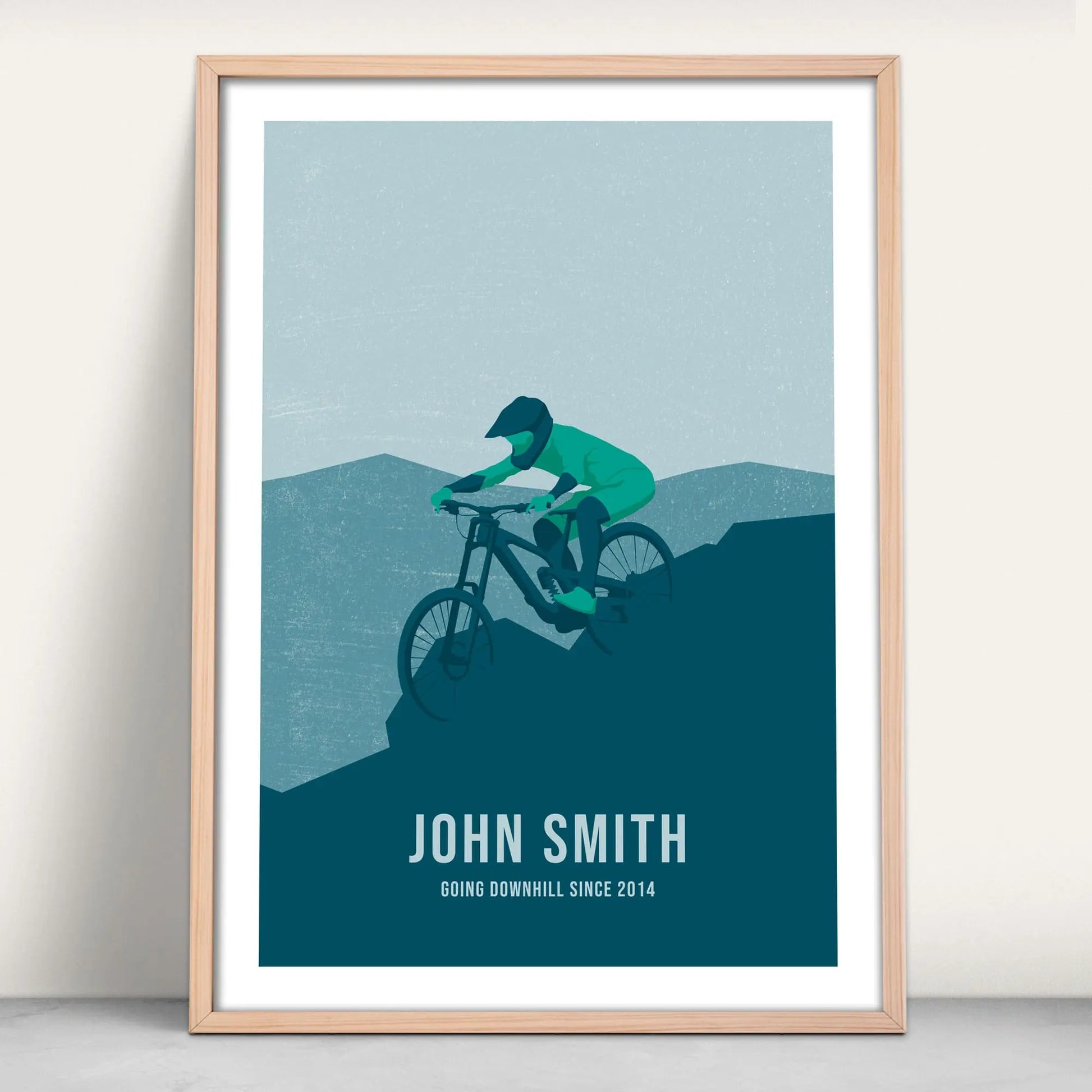 Personalised Downhill Biker Art Print in navy and green from Purest Green Prints.