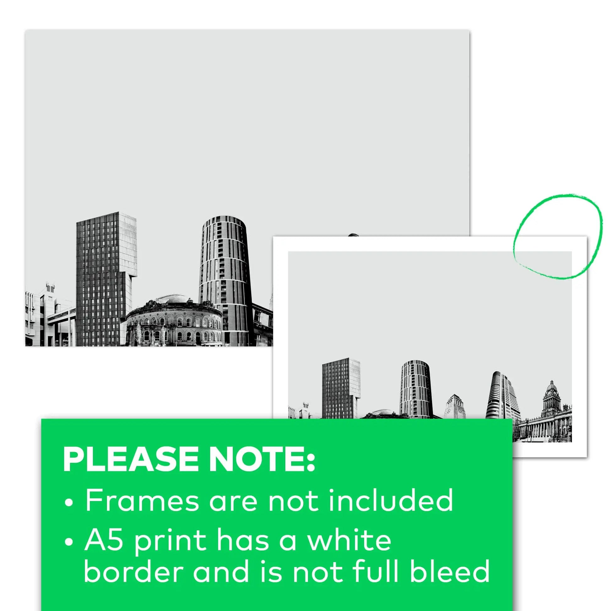 Frames are not included and A5 print comes with a white border