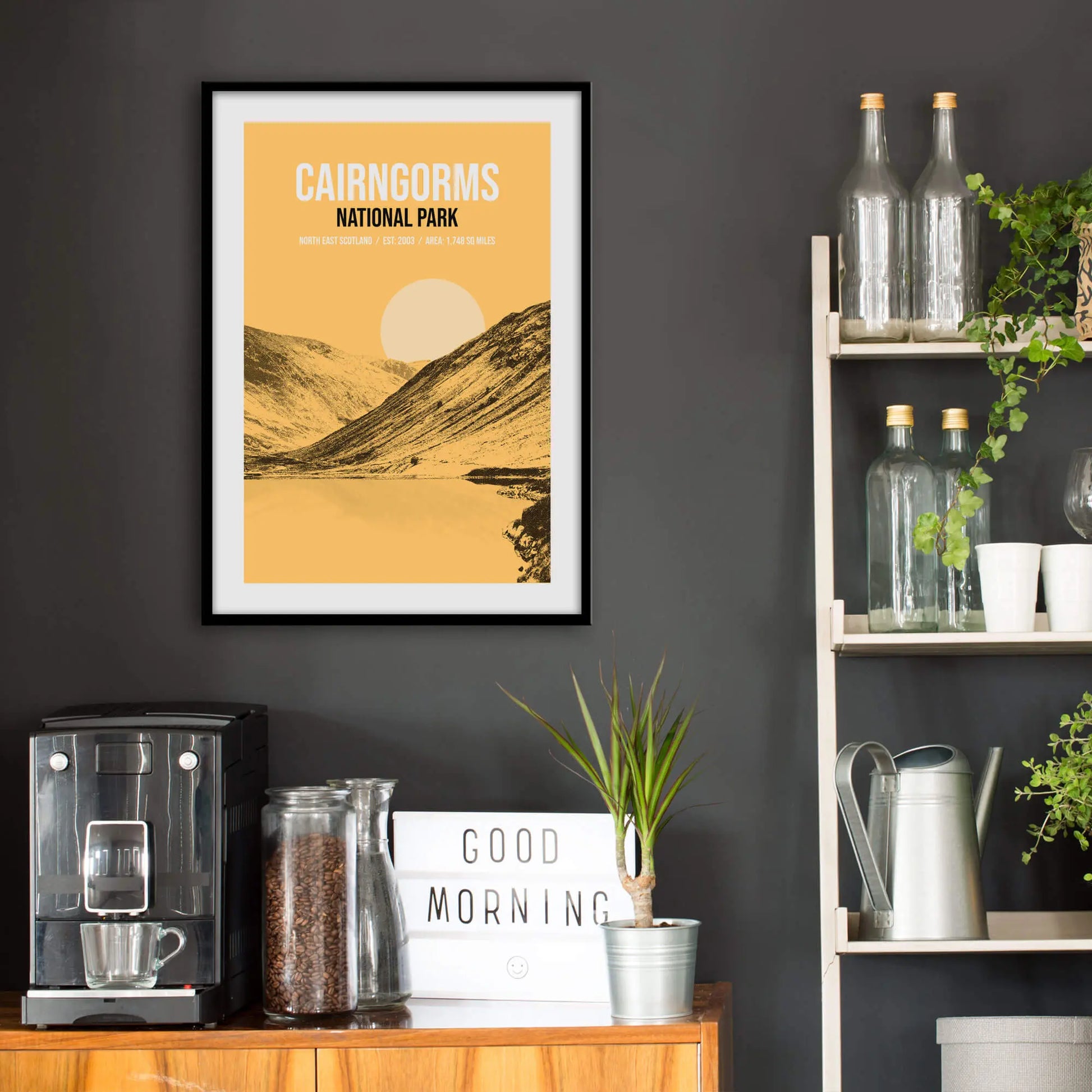 Kitchen wall infront of which is a sideboard with a coffee machine and a set of shelves holding bottles and plants. On the wall above the sideboard is the framed print in a black frame on a dark grey wall.