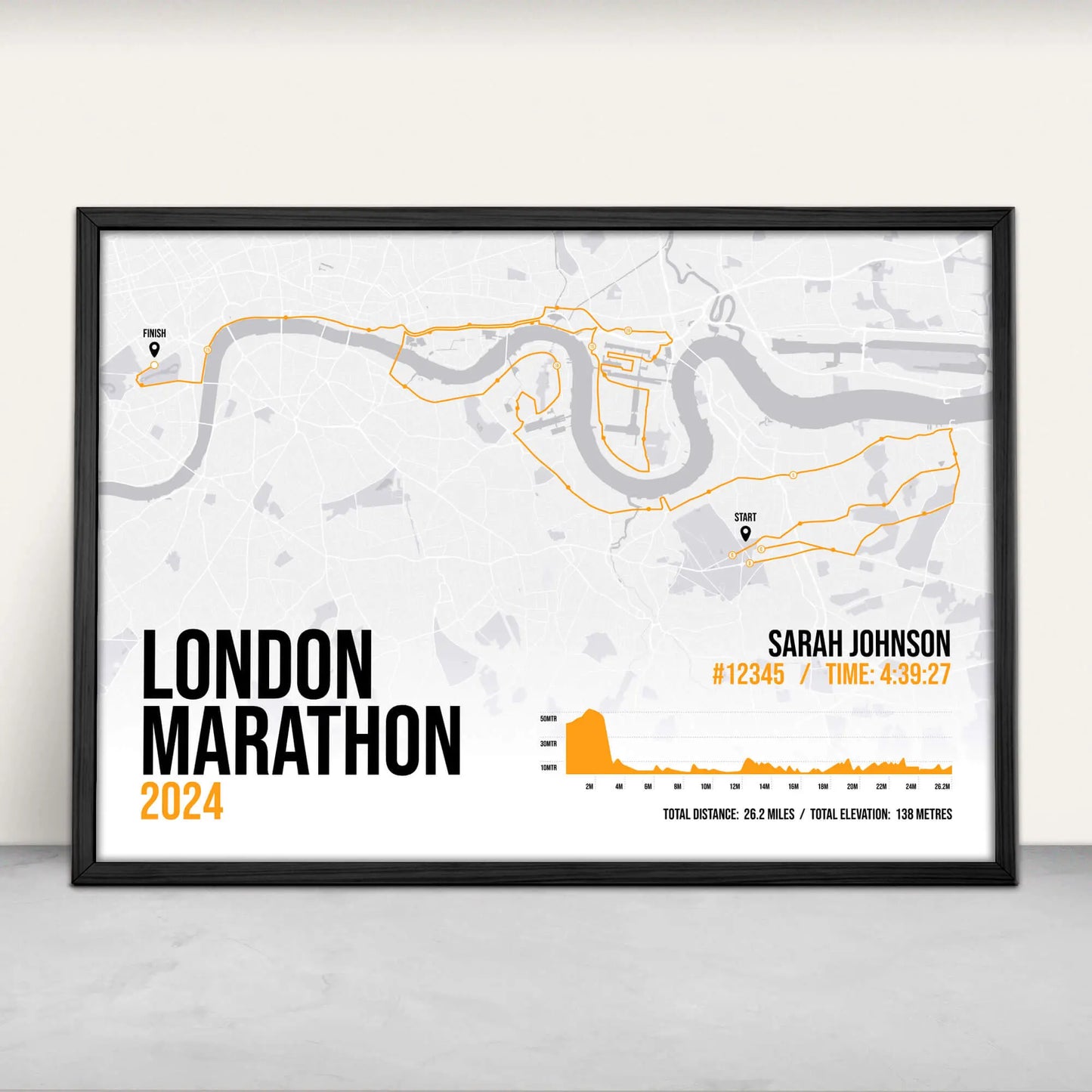 Personalised London Marathon route map print in orange from Purest Green Prints