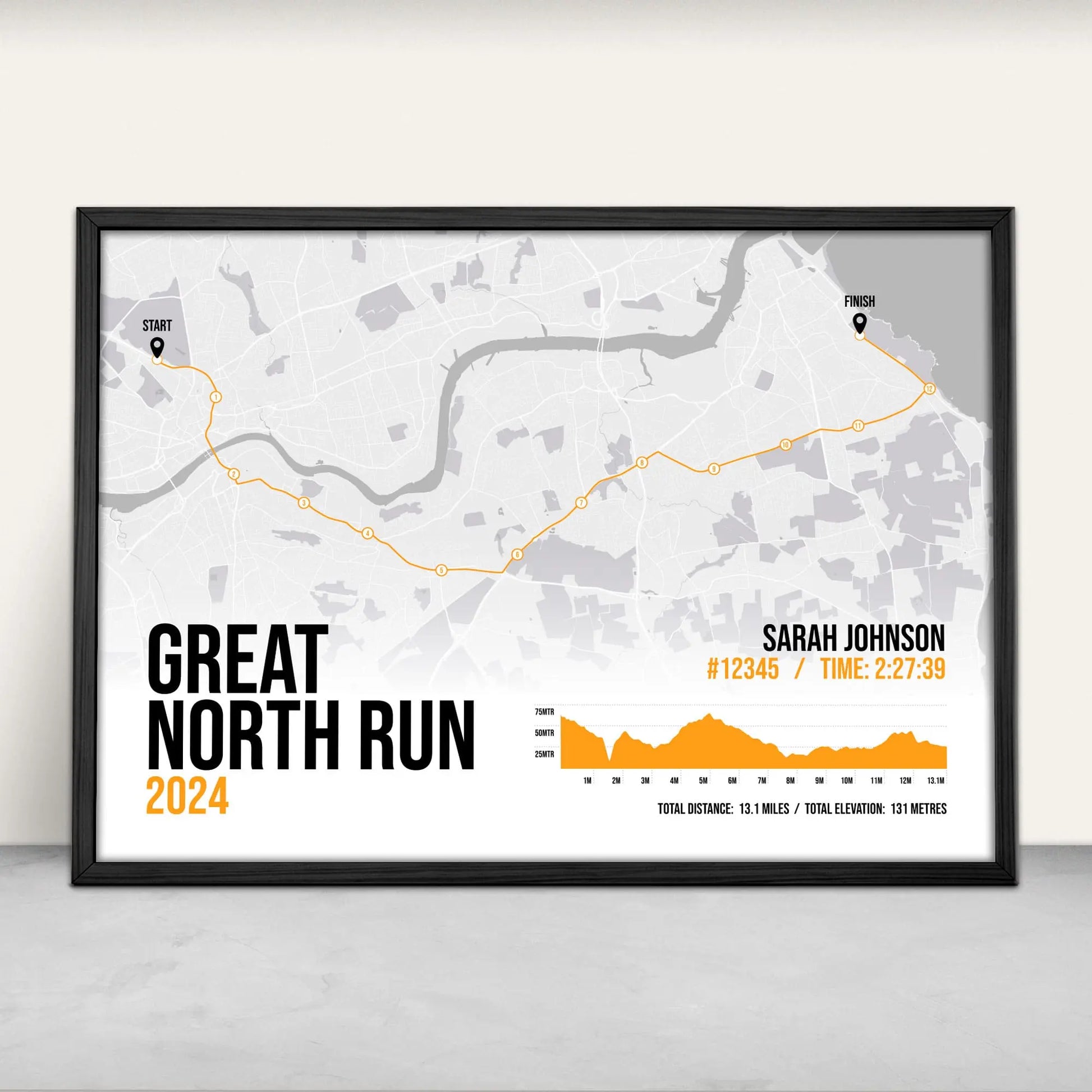 Personalised Great North Run Half Marathon Art Print in orange from Purest Green Prints