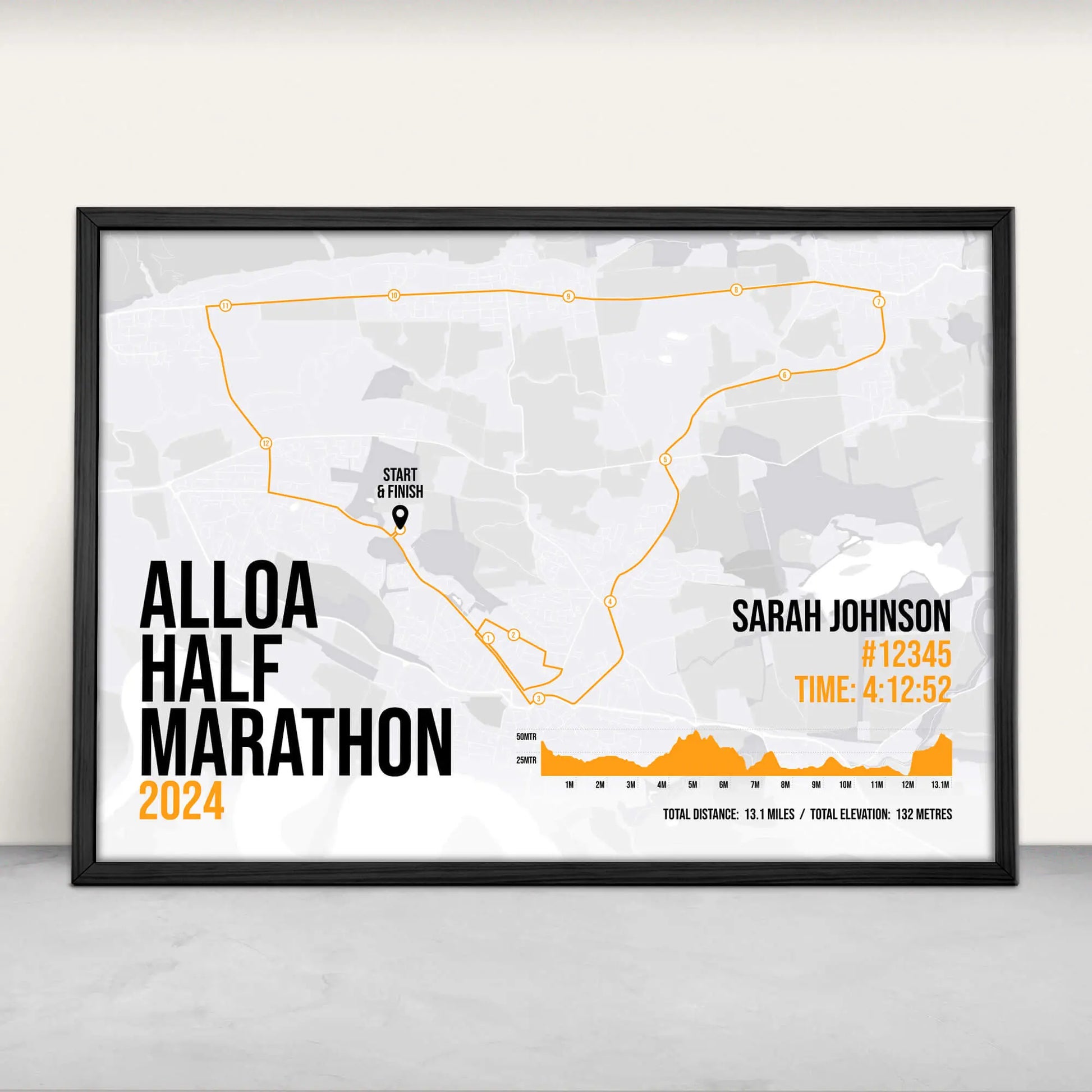 Personalised Alloa Half Marathon Art Print in orange from Purest Green Prints.