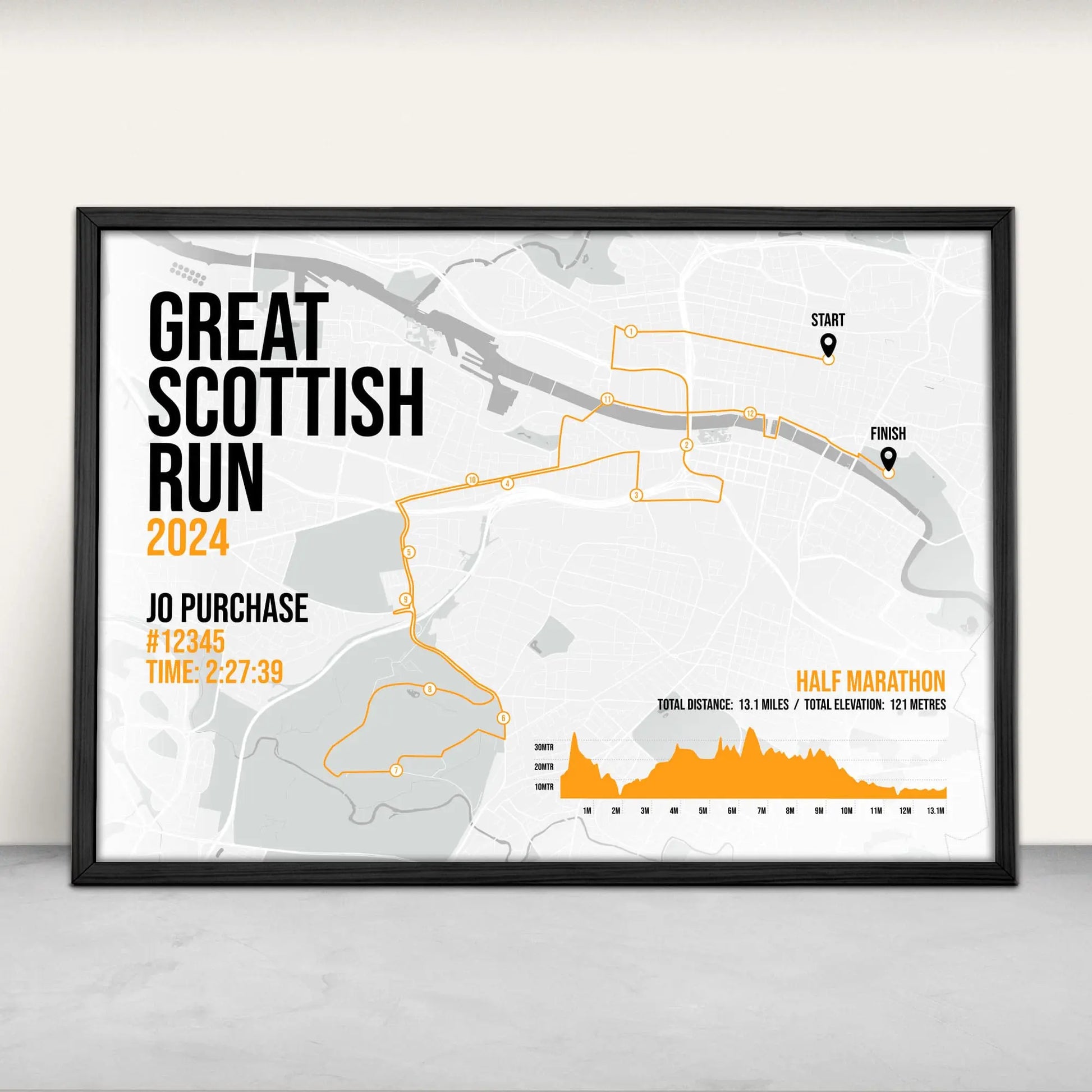 Personalised Great Scottish Run Half Marathon route map print in orange from Purest Green Prints