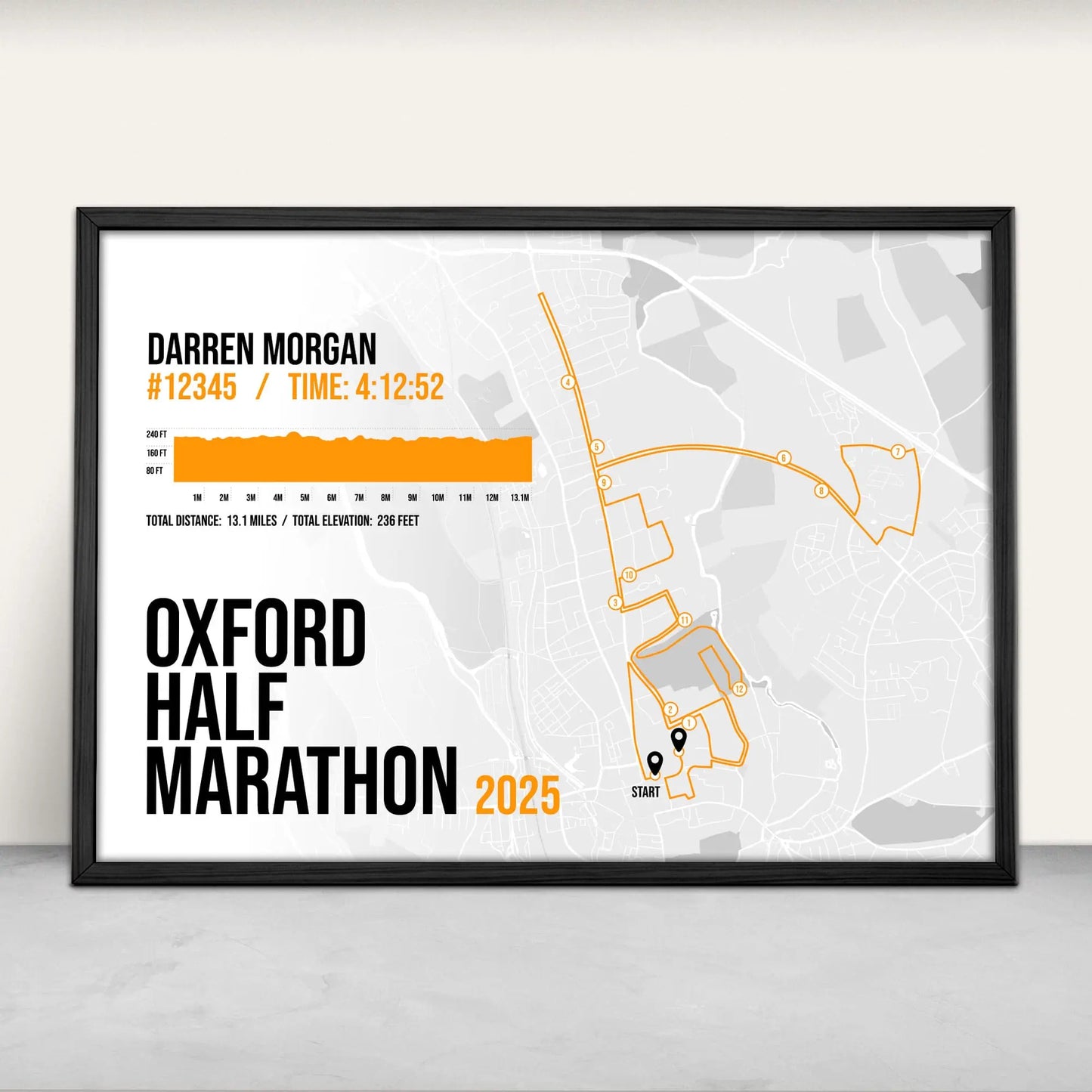 Personalised Oxford Half Marathon Art Print in orange from Purest Green Prints.