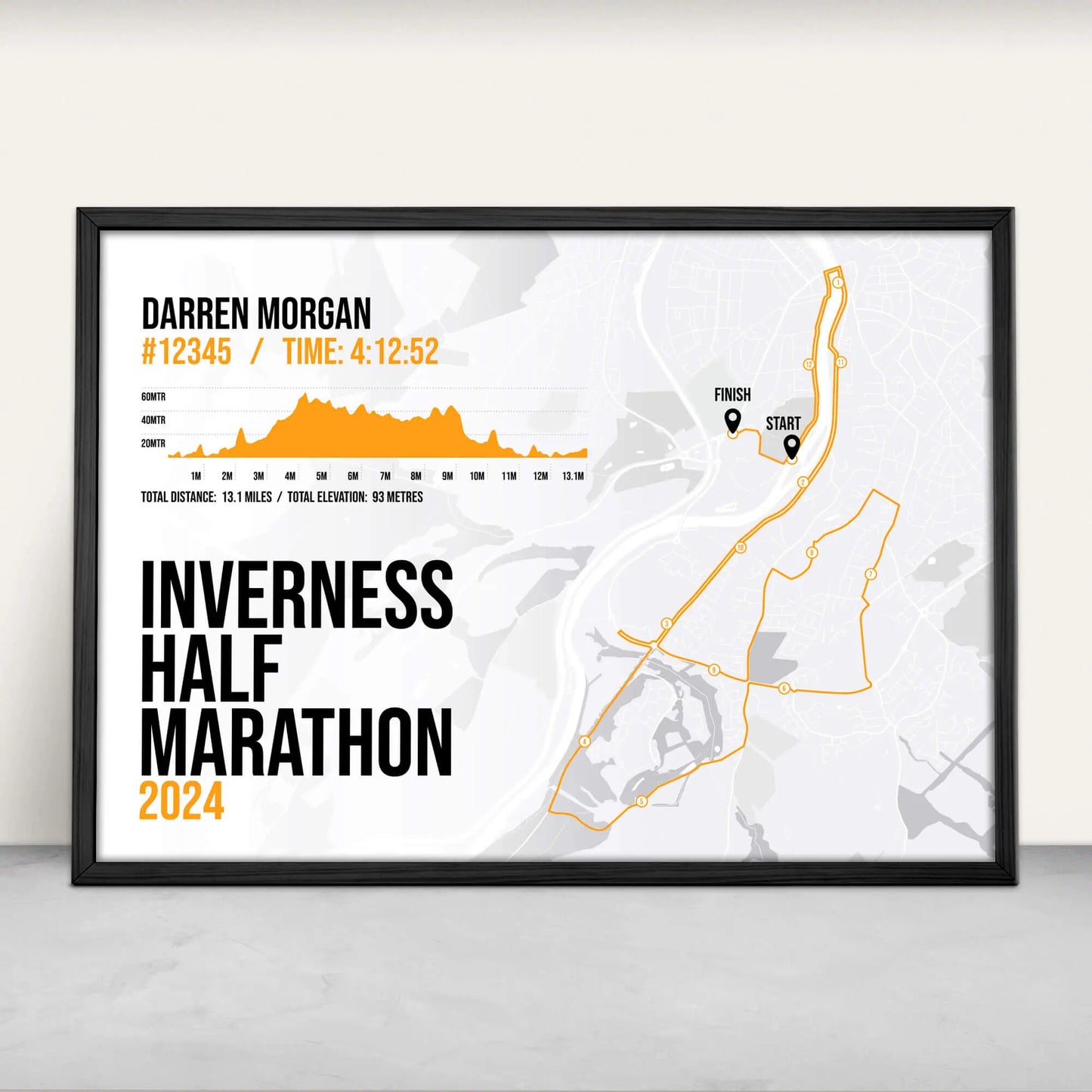 Personalised Inverness Half Marathon Art Print in orange from Purest Green Prints.