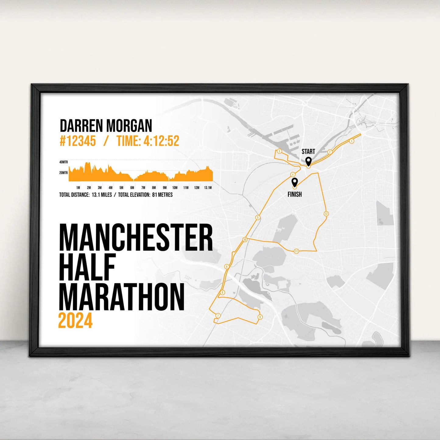 Personalised Manchester Half Marathon Art Print in orange from Purest Green Prints.