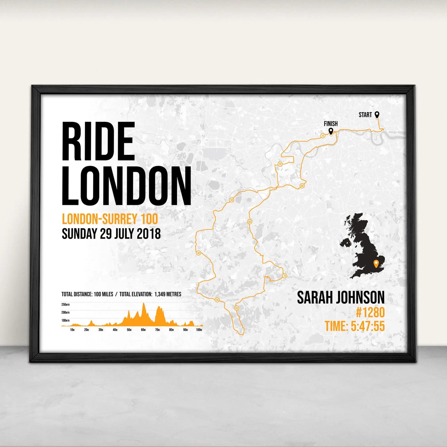 Personalised Ride London-Surrey 100 Art Print in orange from Purest Green Prints