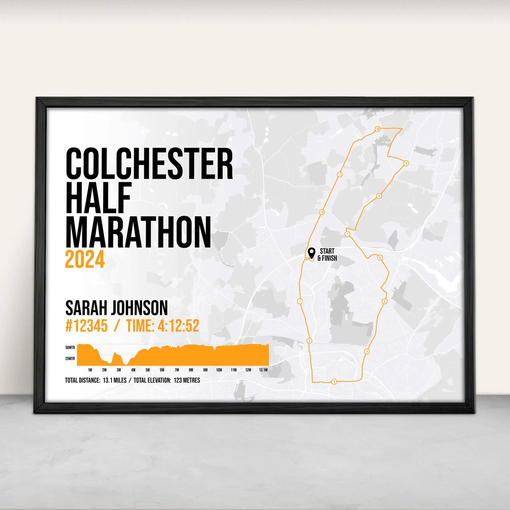 Personalised Colchester Half Marathon Art Print in orange from Purest Green Prints.